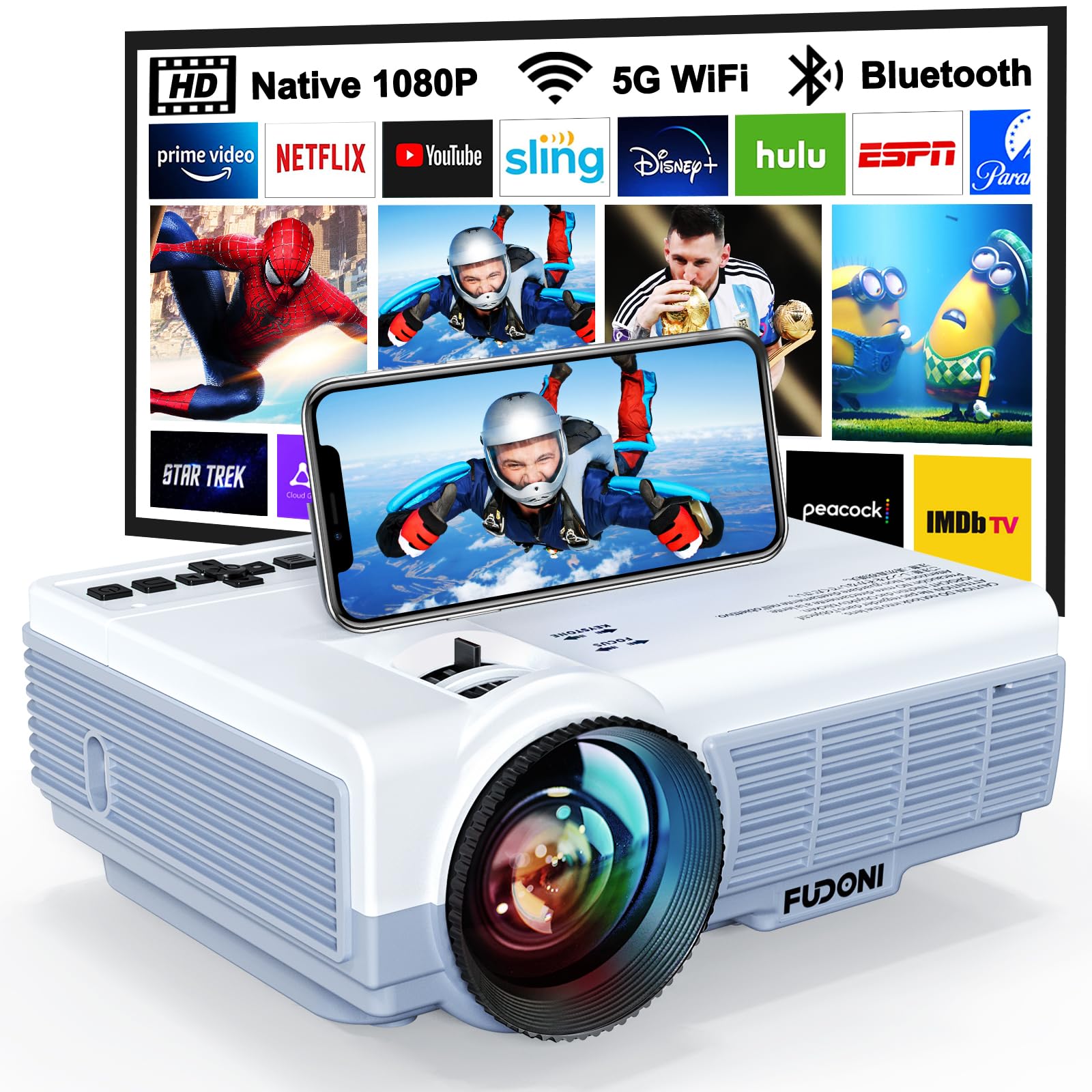 Projector With Wifi And Bluetooth, Fudoni Upgrade 5G Wifi Native 1080P 14000L 4K Supported, Portable Movie Outdoor Projector For