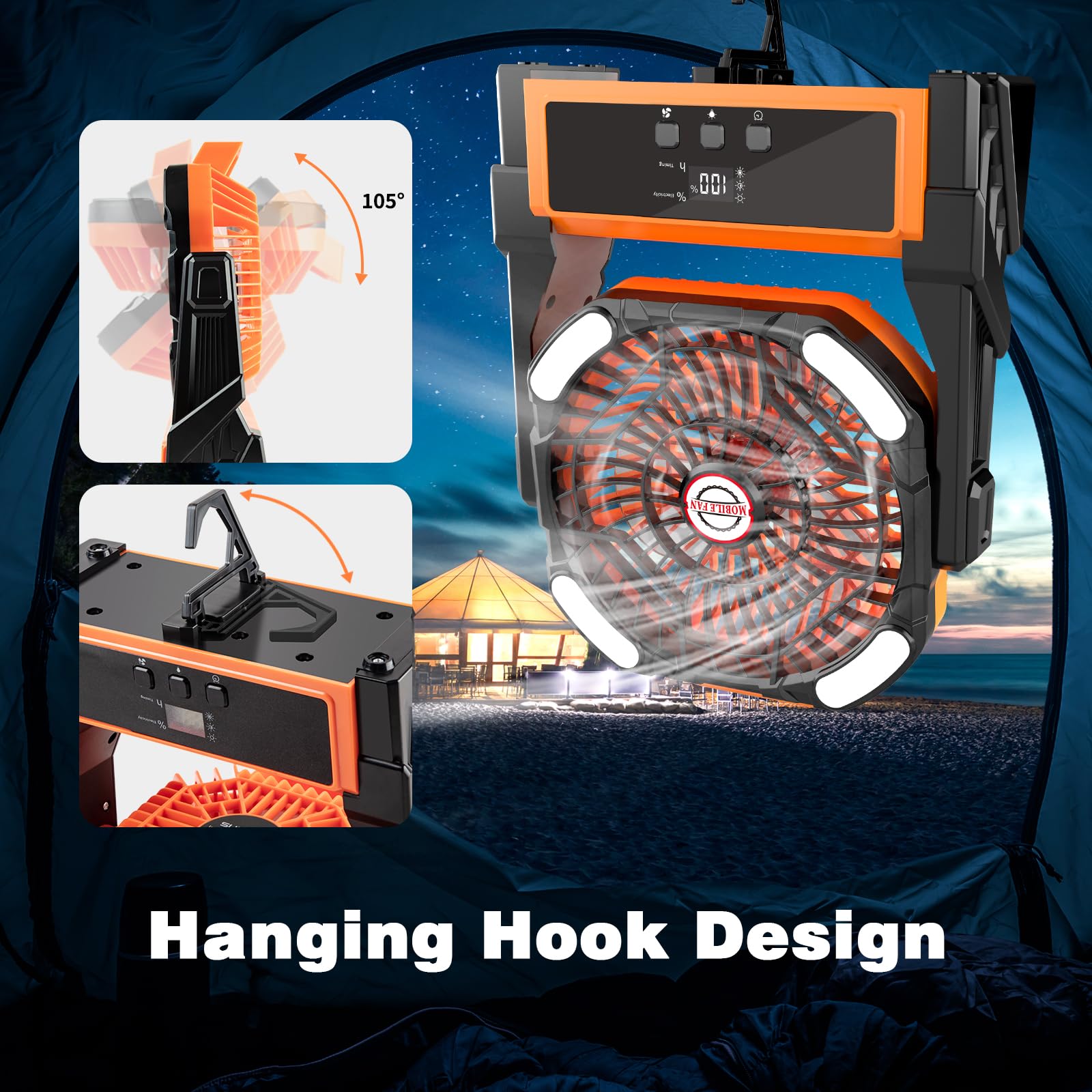 Sendowtek Camping Battery Fan Portable 20000Mah, Rechargeable With Led Light 4 Wind Modes Timer Switch Usb Large Battery Table F