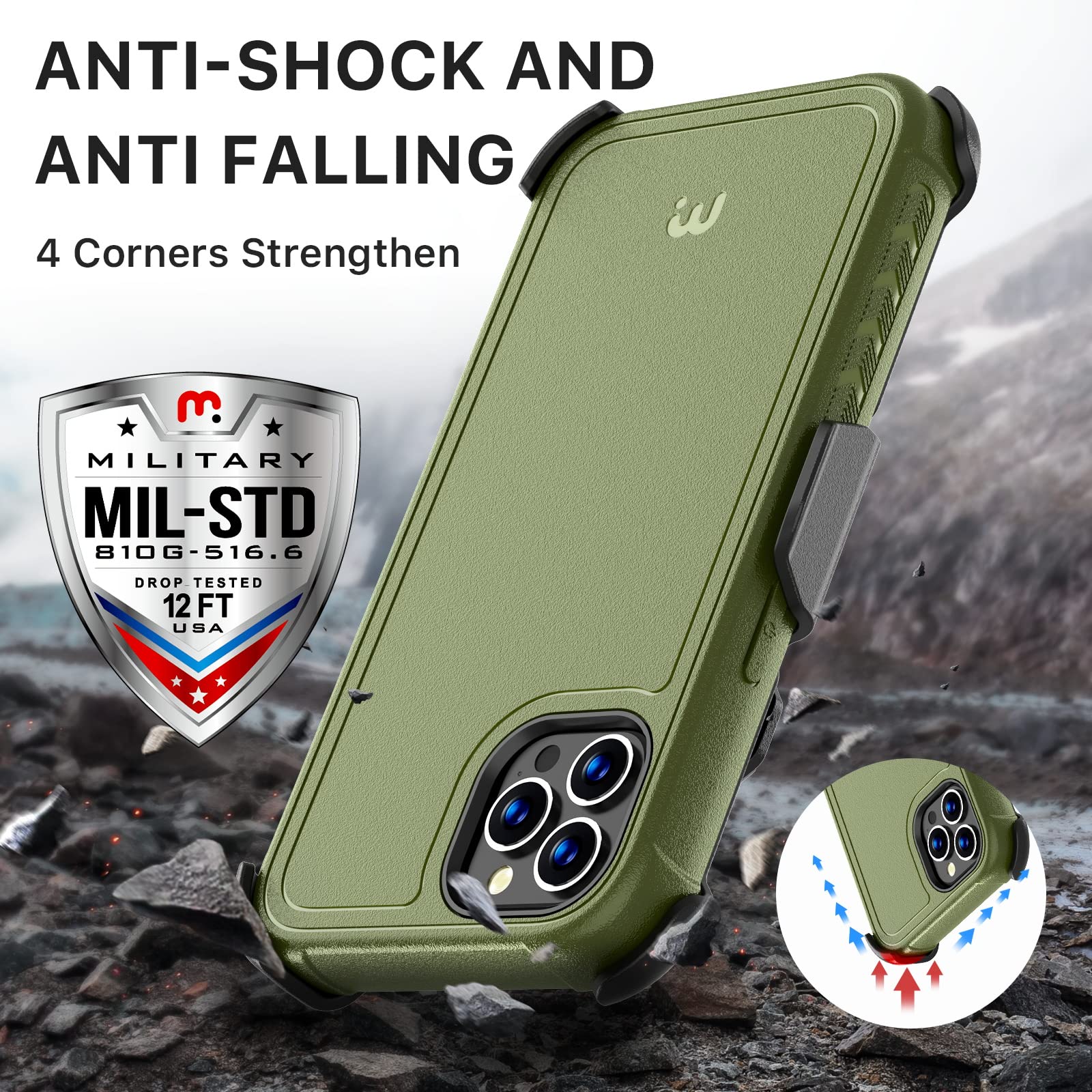 M Mybat Pro Shockproof Maverick Series Case For Iphone 12/12 Pro 6.1  With Belt Clip Holster And Tempered Glass, Heavy Duty Mili
