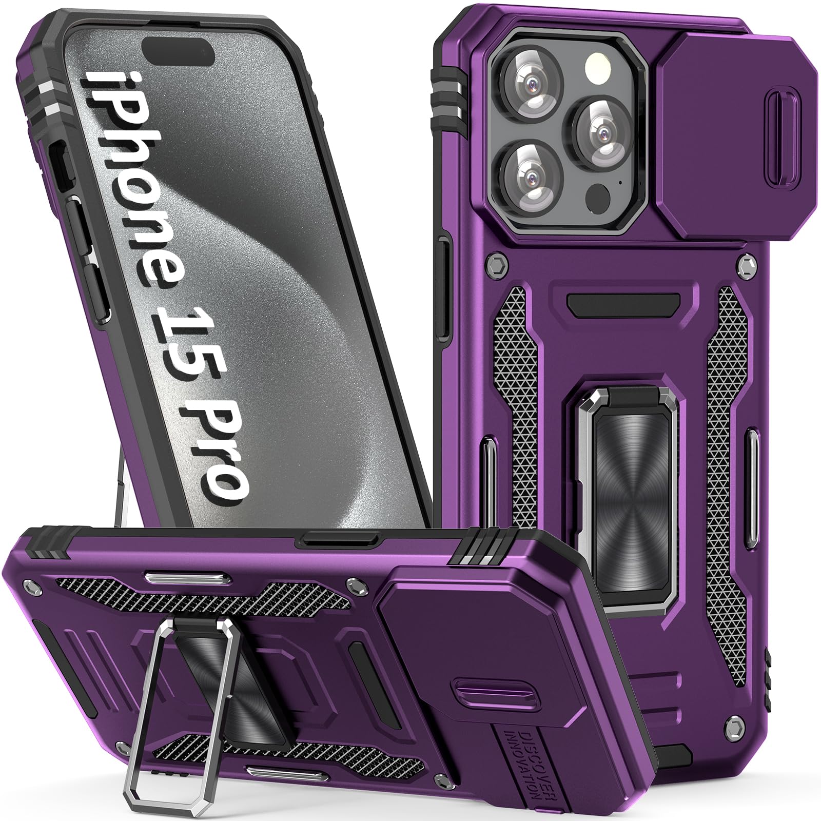 Sefing Case For Iphone 15 Pro Iphone Case Iphone 15 Pro Phone Case With Camera Lens Cover, With Ring Holder Kickstand, Fit Magne