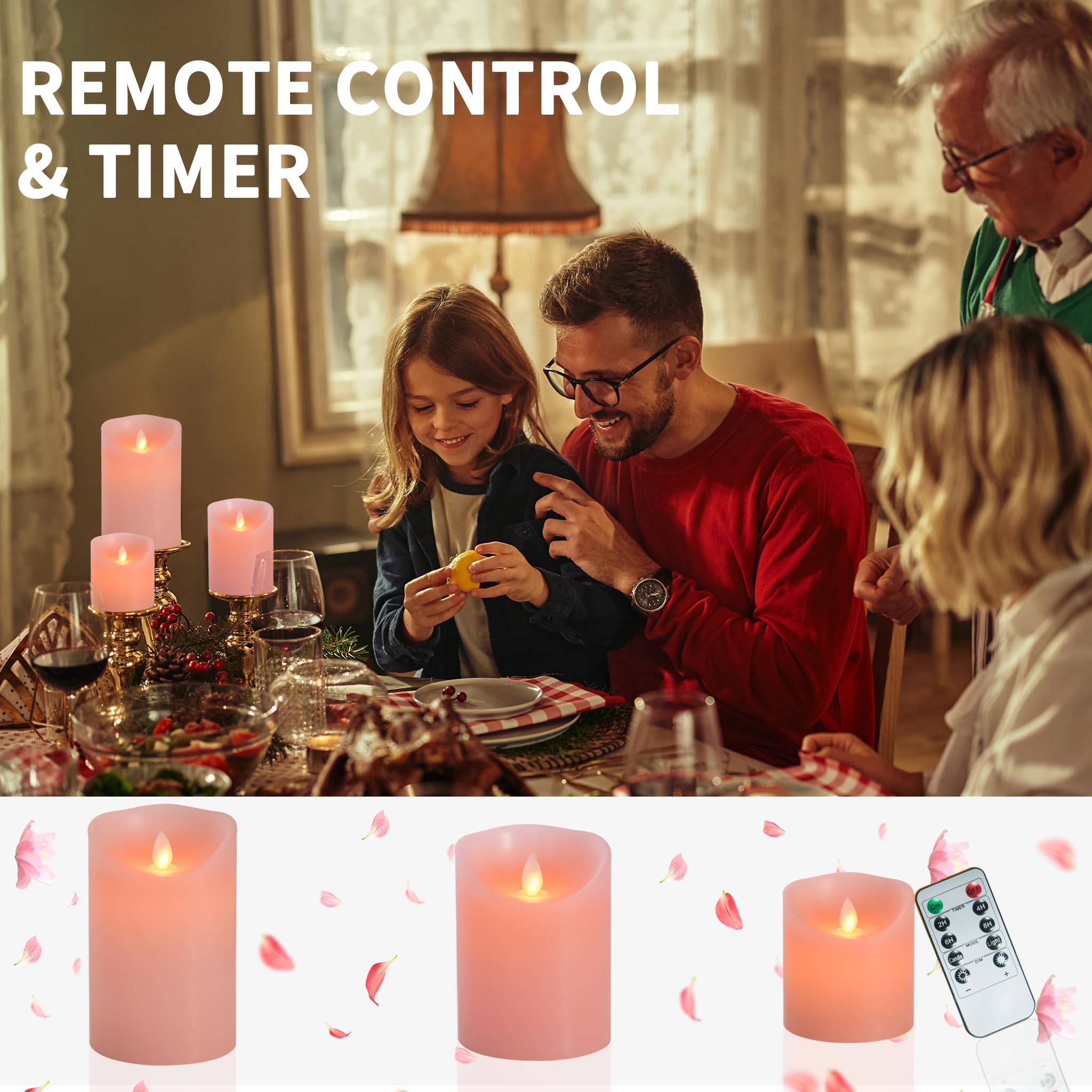 Flameless Led Battery Operated Flickering Candles: 4'' 5'' 6'' Set Of 3 Pink Real Wax Pillar Dancing Flame 10 Key Remote Control