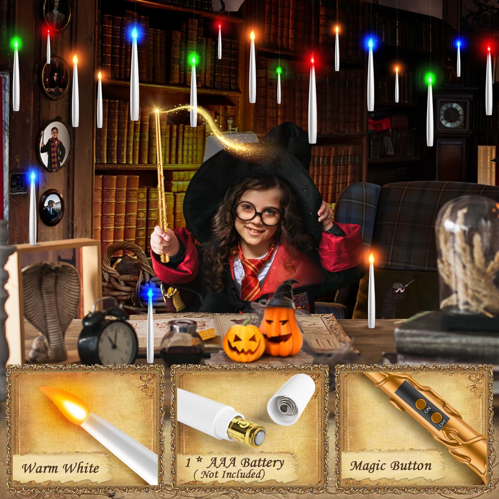 Tlpuhu Floating Candles 18 Pcs With Magic Wand Remote, Christmas Decorations Multicolor Hanging Candles With String Battery Oper