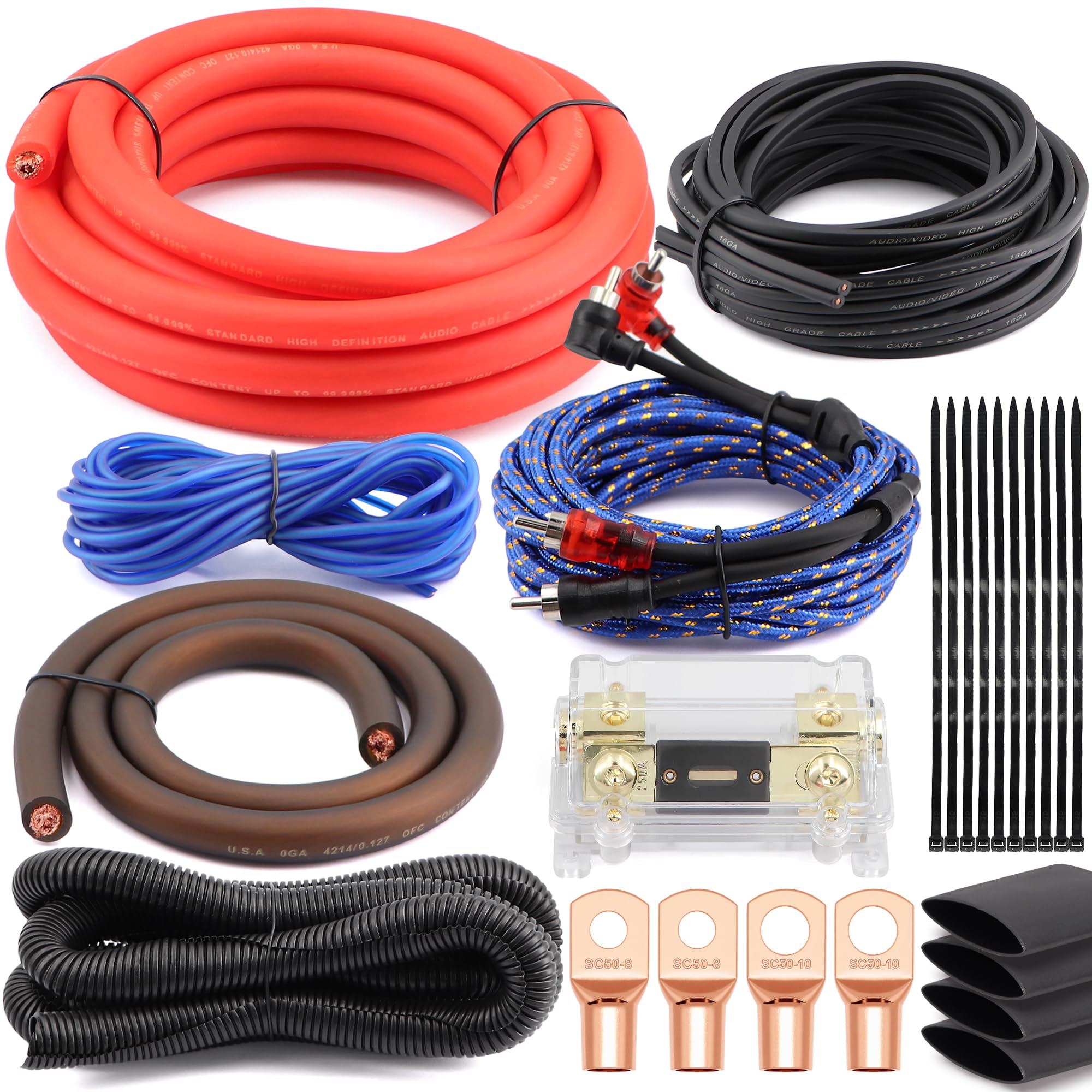 1/0 Gauge (0 AWG) Pure OFC Amplifier Wiring Kit 6000W  Heavy Duty Car Audio Power Cable with Fuse Holder & RCA | for High Power