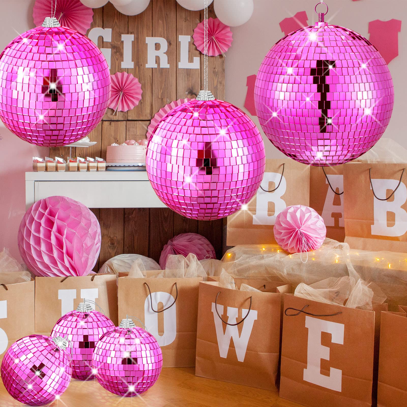 4 Pcs Large Pink Disco Ball Mirror Disco Ball 70S Mellow Pink Disco Ball Hanging Disco Ball Stage Lightning Effect Ball For 70S
