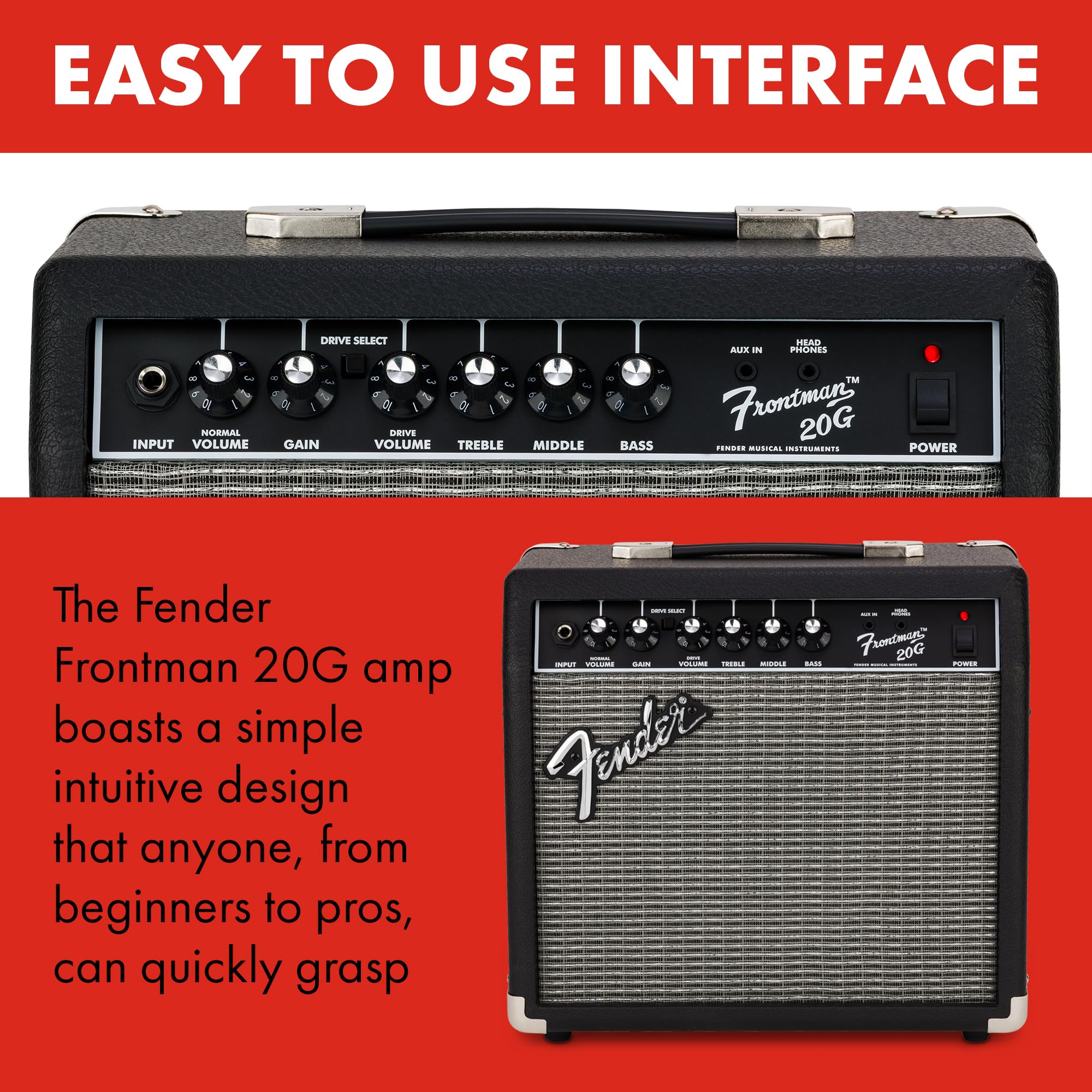 Fender Frontman 20G Guitar Amp, 20 Watts, With 2-Year Warranty 6 Inch Fender Special Design Speaker, 10X16X16 Inches