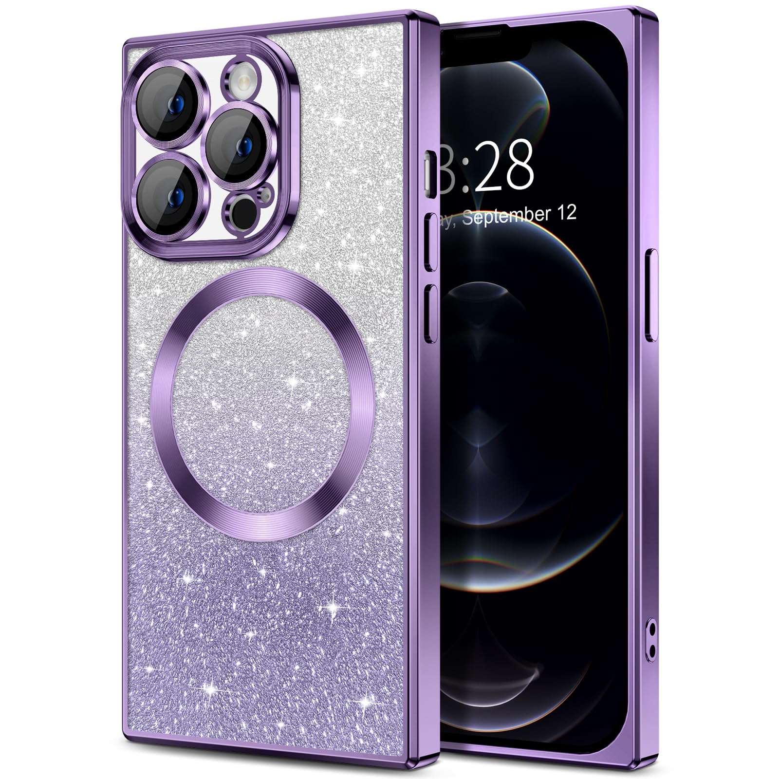 Hython For Iphone 12 Pro Case Clear Magnetic Glitter Phone Cases [Compatible With Magsafe] Full Camera Lens Protector Gradient S