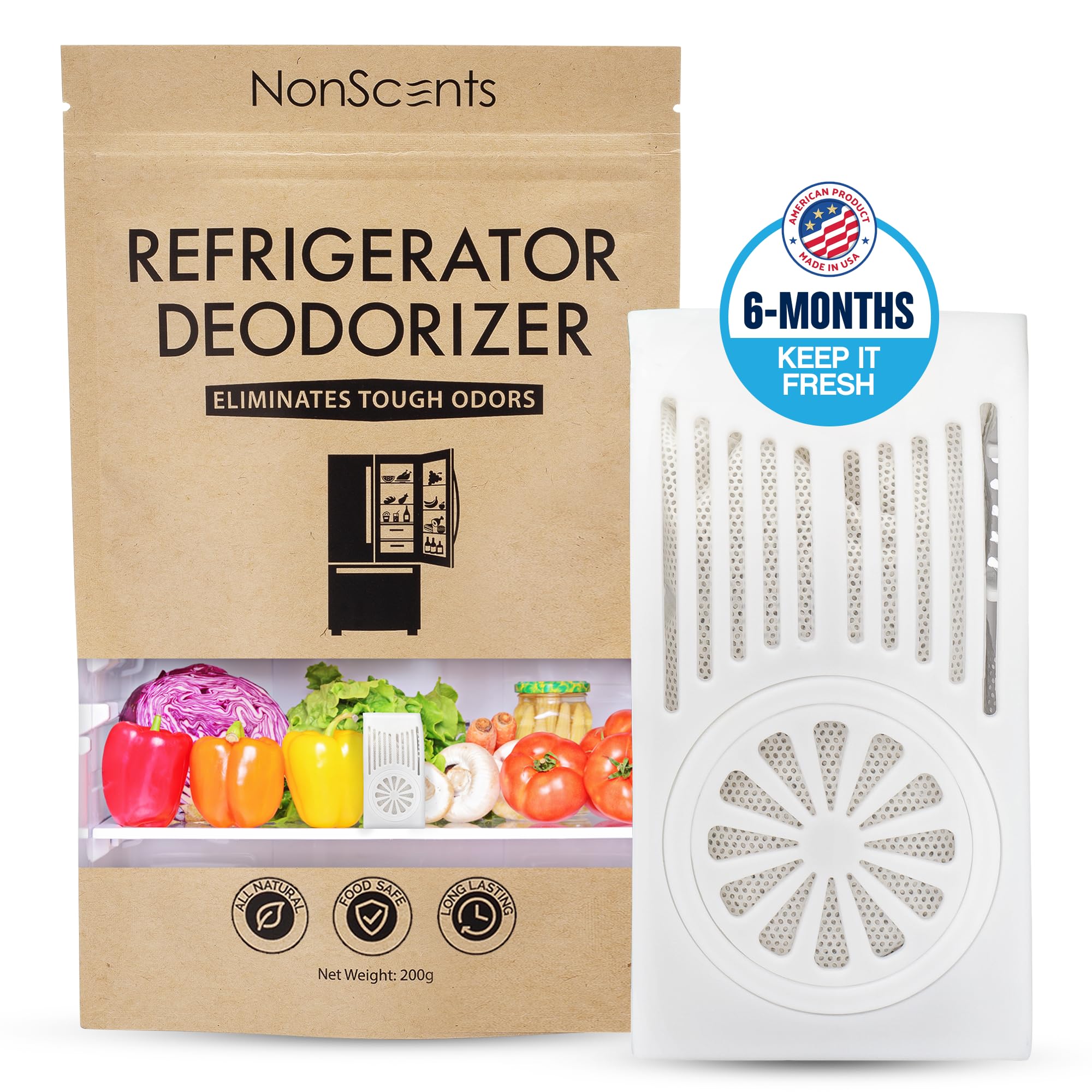 Nonscents Refrigerator Deodorizer   Odor Eliminator For Fridge & Freezer   Outshines Baking Soda & Charcoal   Unscented, Long La
