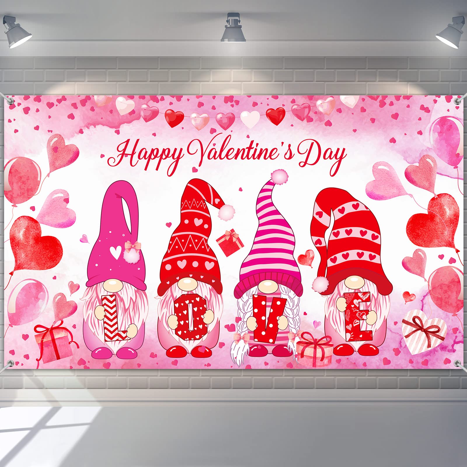 Happy Valentines Day Backdrop Banner Gnome Photography Background Red Love Heart Photo Background Valentines Day Decor for Vale