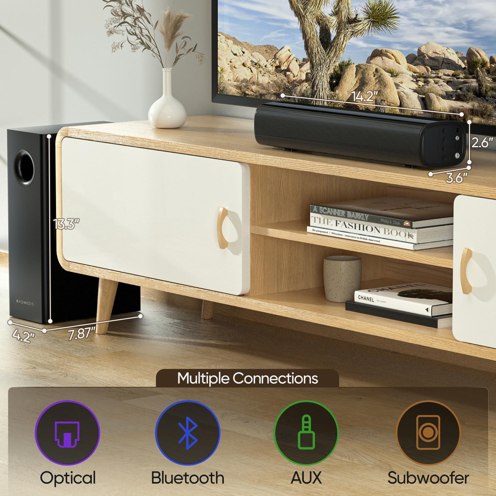 Riowois Sound Bars For Smart Tv With Subwoofer, 2.1 Deep Bass Small Soundbar Home Theater Surround System Speaker With 4 Inch Su