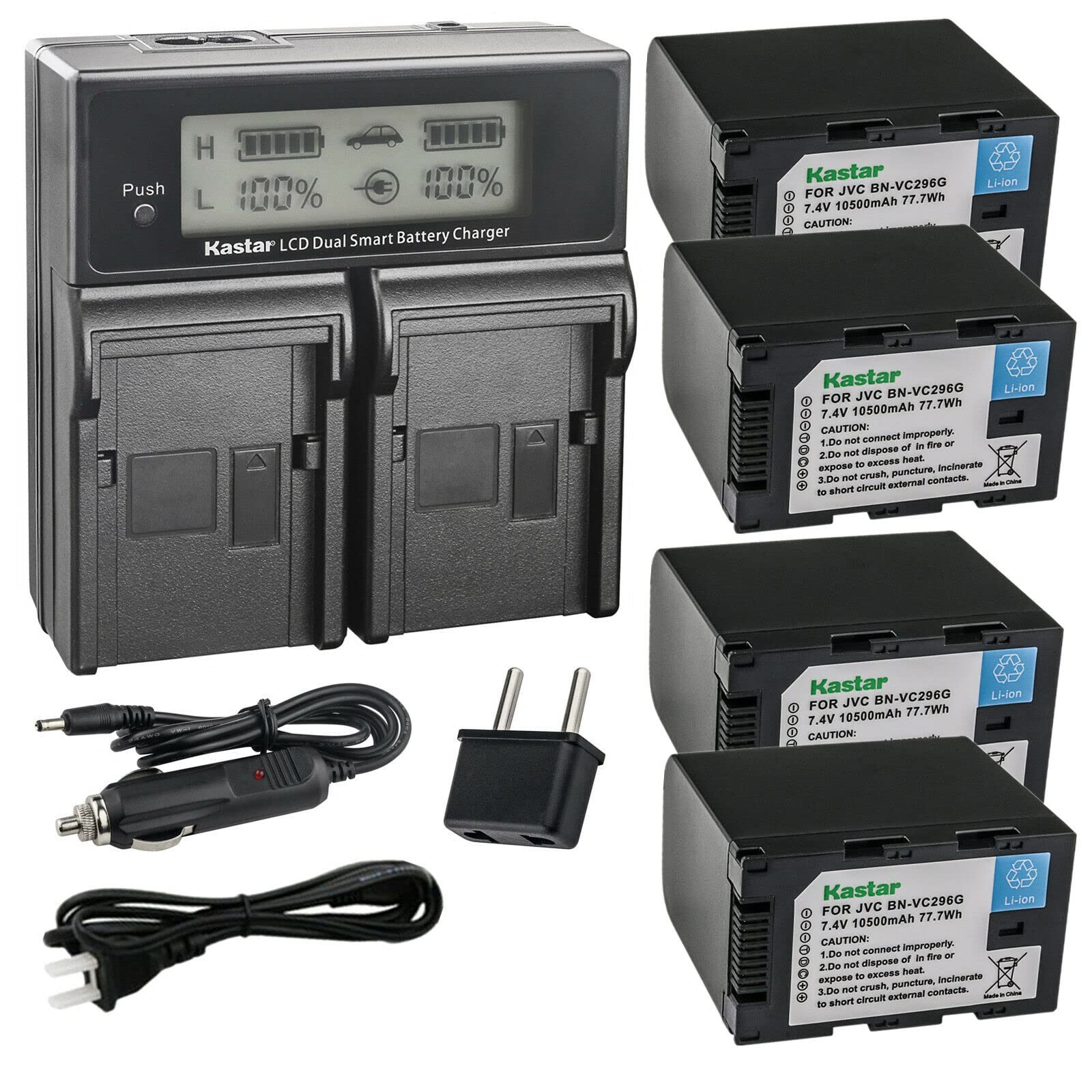 Kastar 4-Pack Battery and AC LCD Dual Fast Charger Compatible with JVC BN-VC264G BN-VC296G Battery, JVC AA-VC20 AA-VC20E AA-VC20