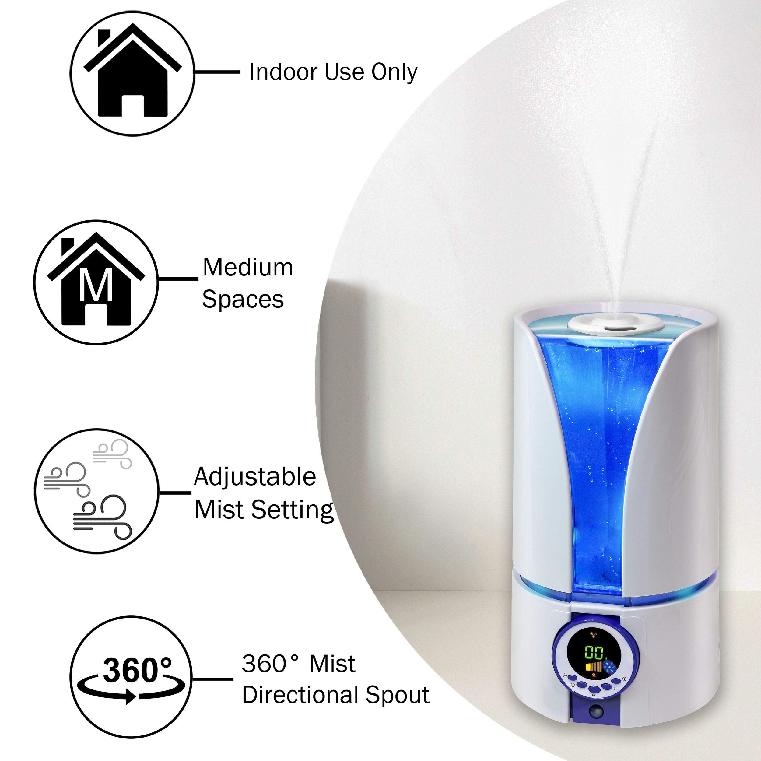 Comfort Zone Czhd81 Whisper Quiet Cool Mist Digital Ultrasonic Humidifier With Remote Control And Auto Shut Off, White For Home,