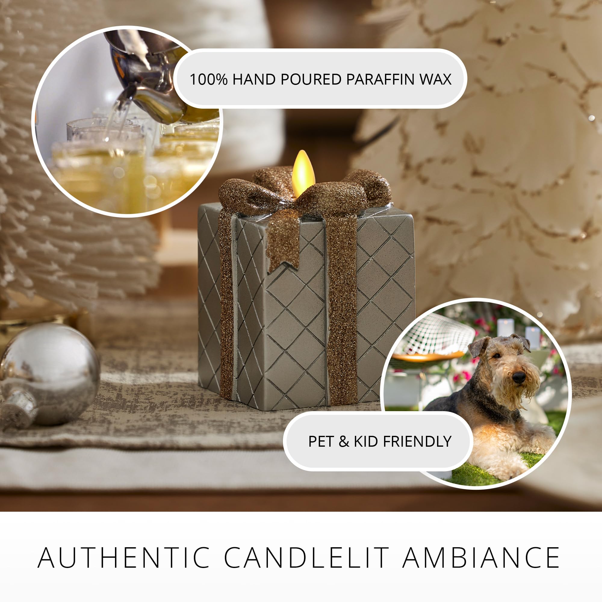Luminara   Flameless Holiday Led Candle Battery Operated Moving Flame   Silver Gift Box   Pack Of 1 3X4.25   Glitter Ribbon With