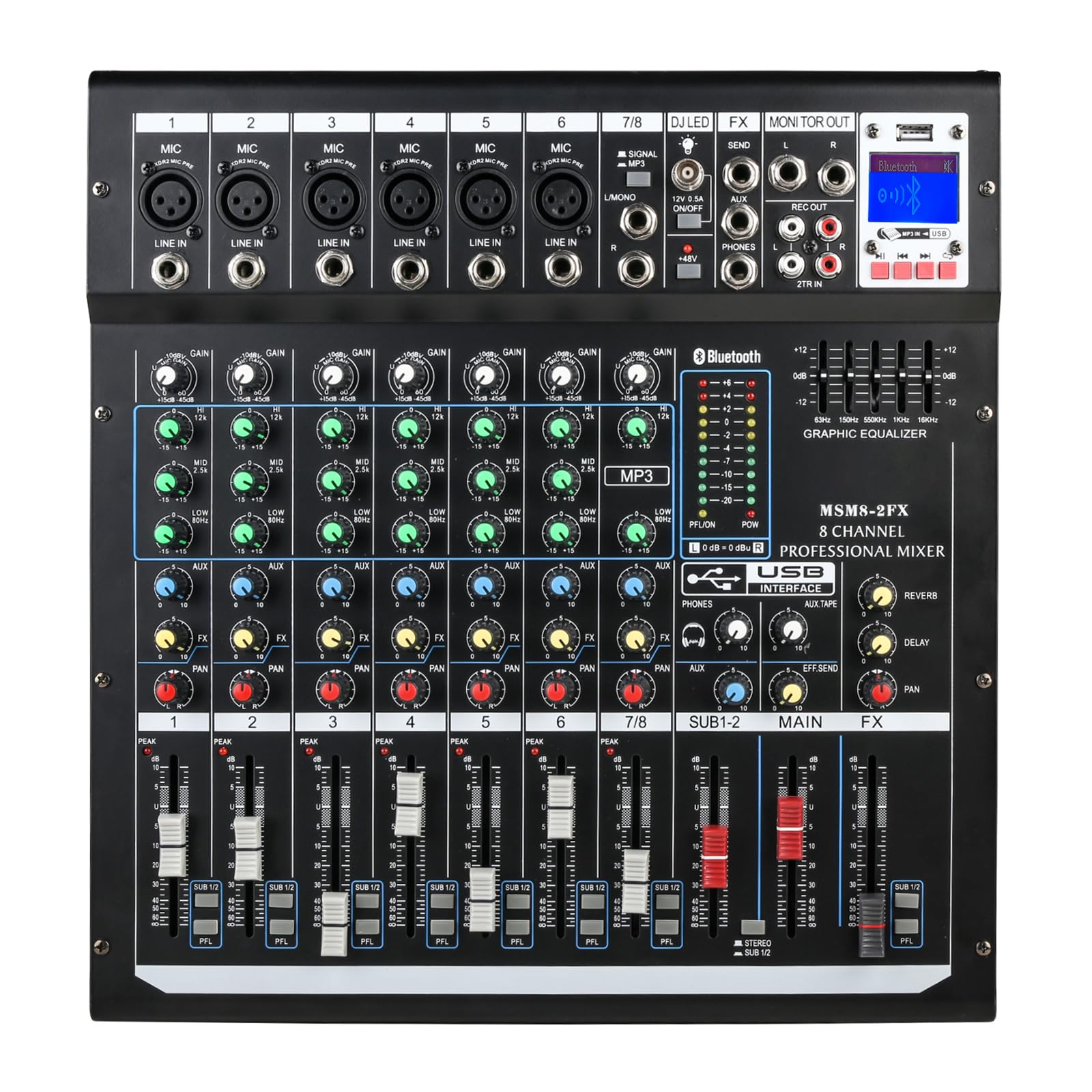 Dj Mixers 8 Channel Audio Mixer Sound Board With Bluetooth, Usb Audio Interface With 48V Phantom Power Sounds Mixer Board With F