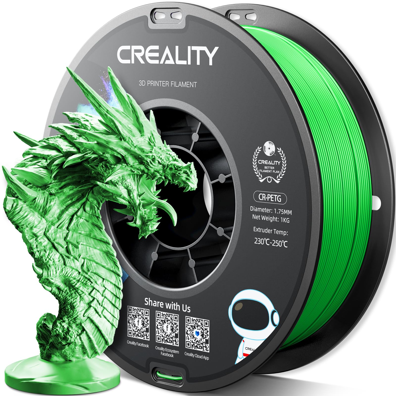 Official Cr Petg 3D Printer Filament 1.75Mm 1Kg (2.2Lbs), High Precision, Strong Toughness, Odorless, Better Flow Moistureproof