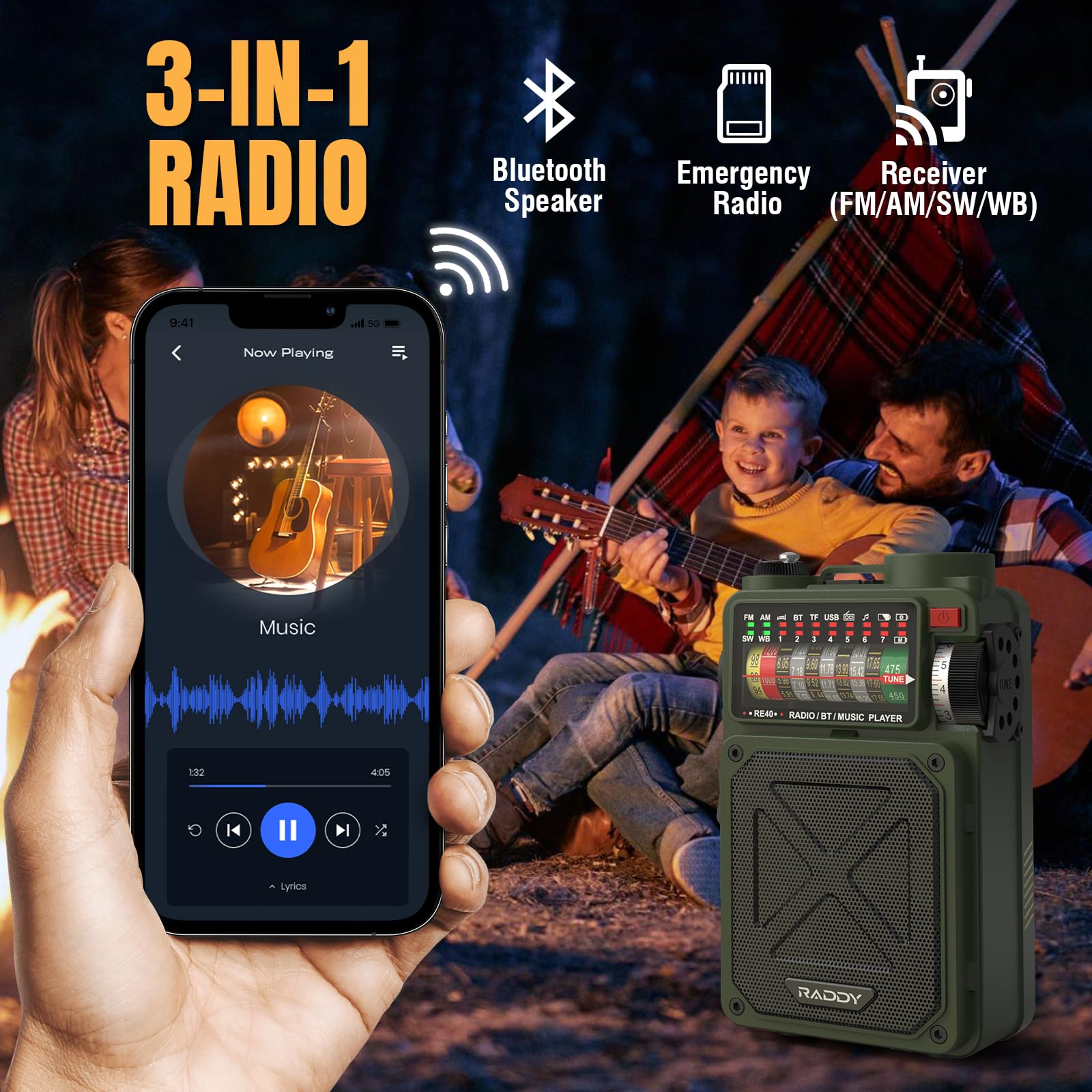 Raddy Re40 Portable Shortwave Radio Fm/Am/Sw/Wb Receiver, 4000Mah Emergency Radio With Bluetooth And Noaa Alerts, Pocket Radio R