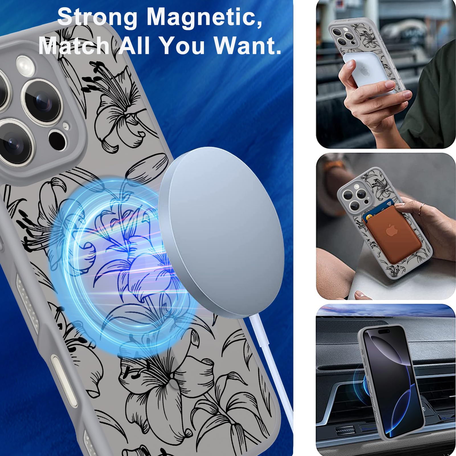 Ook Magnetic For Iphone 16 Pro Max Case Grey Flower Lily Pattern [Compatible With Magsafe] Slim Translucent Matte Camera Lens Pr