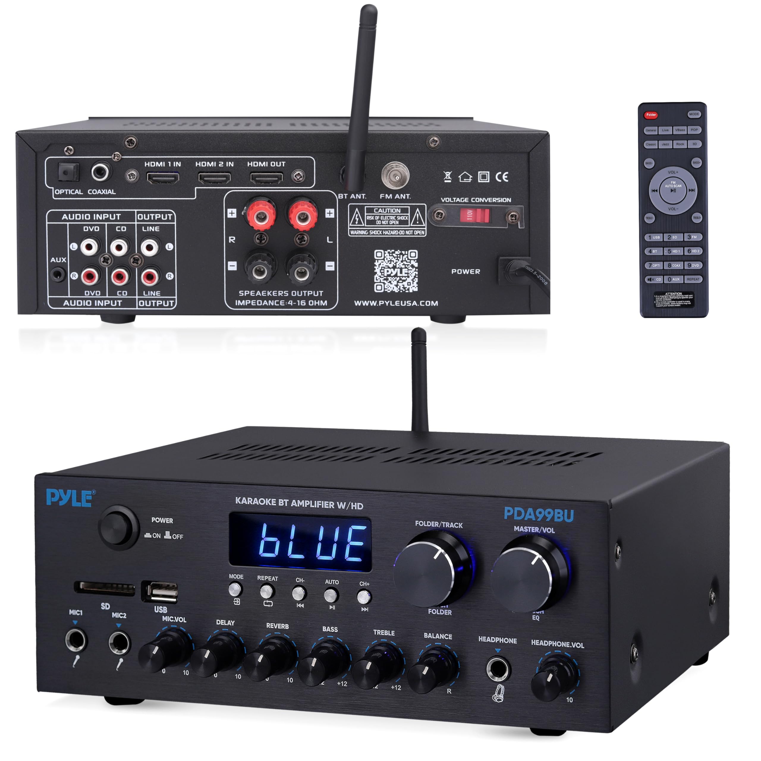 Pyle Bluetooth HD Home Audio Amplifier Receiver Stereo 300W Dual Channel Sound Audio System, MP3, USB, SD, AUX, RCA, MIC, Headph