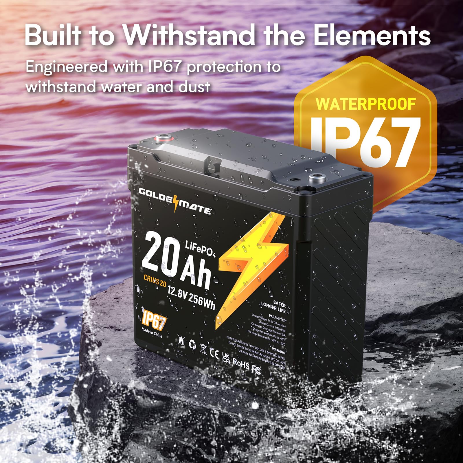 Goldenmate 12V 20Ah Lifepo4 Battery, Ip67 Waterproof, 12V Lithium Battery W/ 5000+ Deep Cycles, Built-In Bms, Premium Lithium Ir