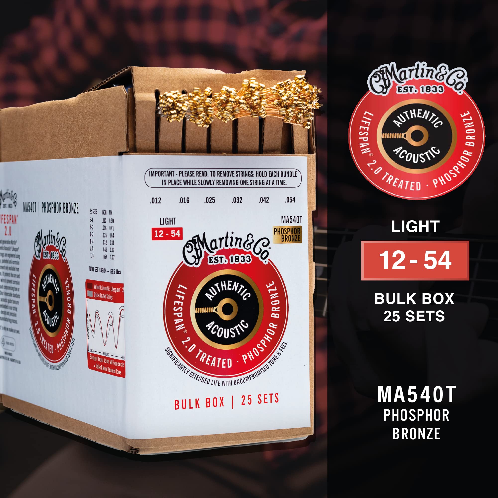 Martin Authentic Acoustic Lifespan 2.0 Guitar Strings - Phosphor Bronze, Light Gauge, Bulk Box (25 Sets) | Bulk Box For Acoustic