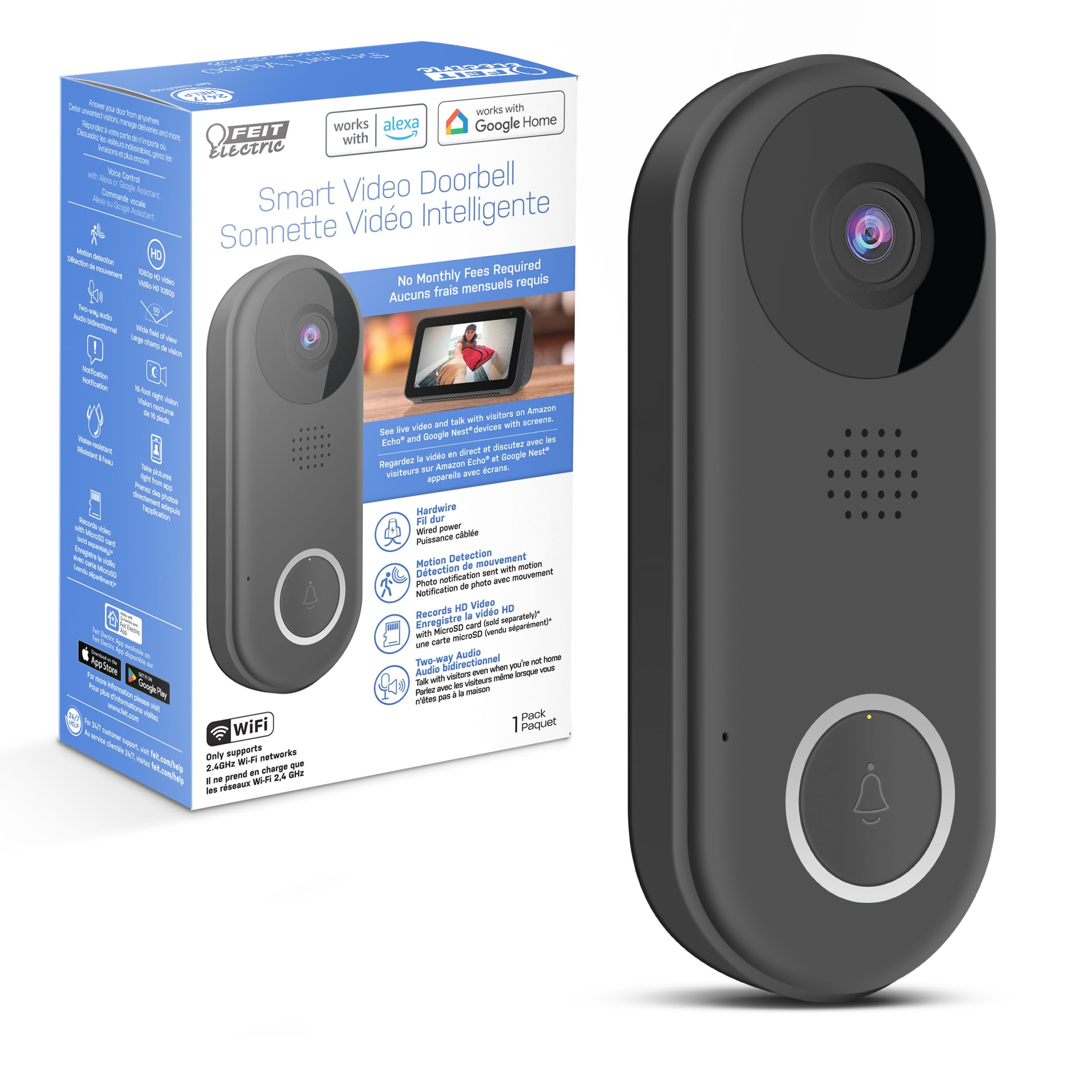 Feit Electric Doorbell Camera, 2.4 Ghz Wifi, No Hub, Two Way Audio, Motion Detection, Night Vision, 1080P Hd, Micro Sd Card Stor