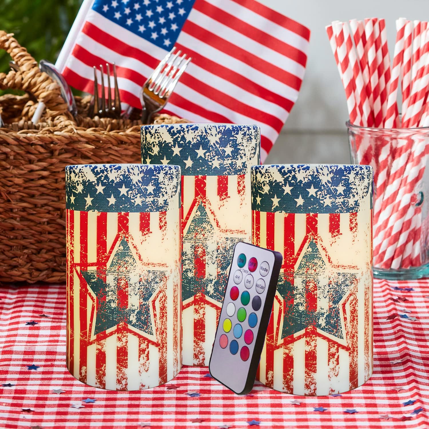 Aulaygo Patriotic Candles with Timer Remote Control Set of 3 Vintage American Flag Flameless LED Candles Battery Operated for In