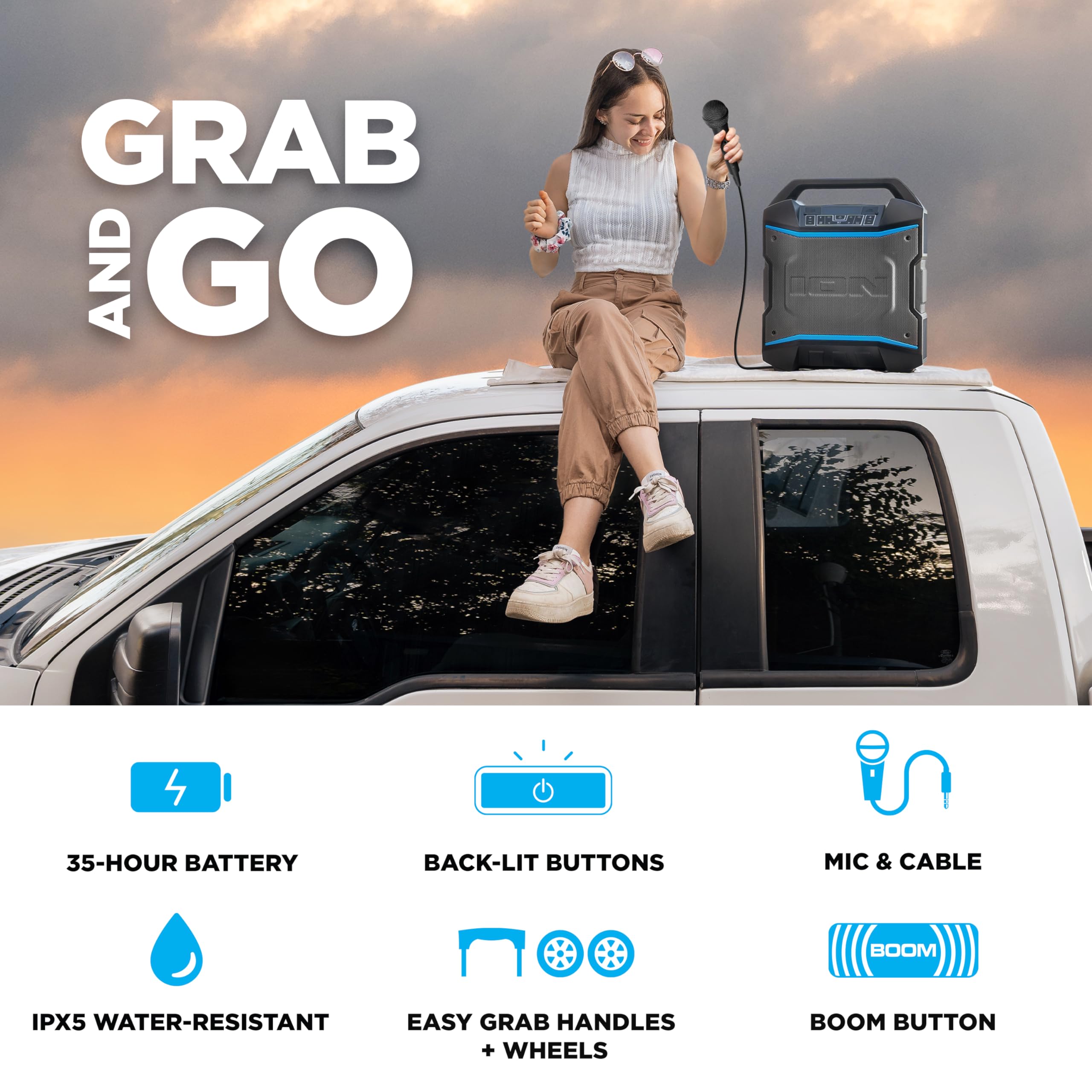 Ion Block Rocker   Portable Bluetooth Outdoor Party Speaker With Karaoke Microphone, Battery, 4 Speakers, Radio, Usb Port, App,