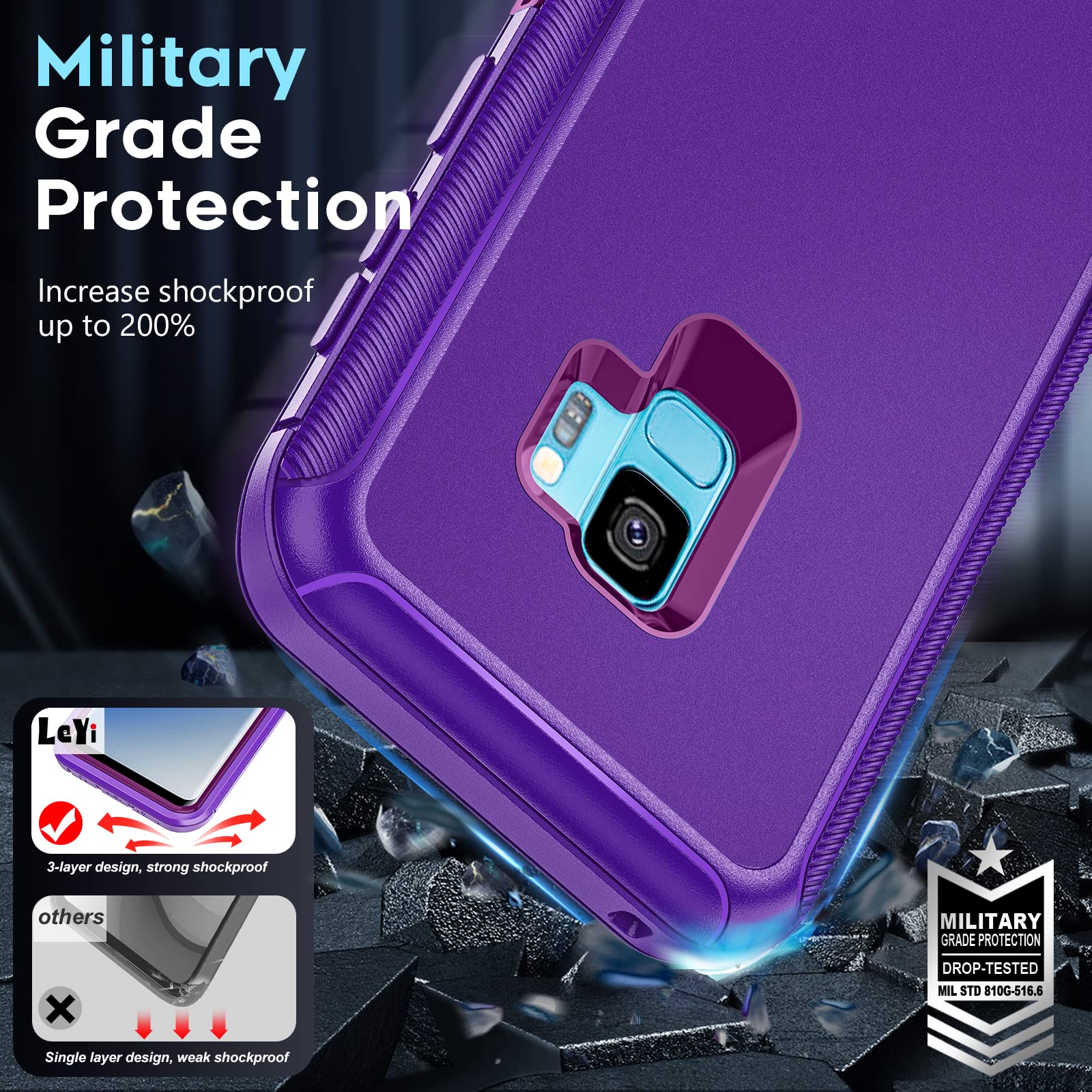 LeYi Samsung S9 Full Body Shockproof Rugged Defender Phone Case TPU PC Purple