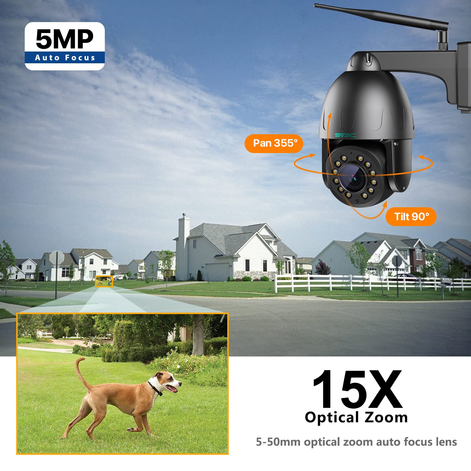 Sv3C Ptz Wifi Security Camera Outdoor 15X Optical Zoom Auto Tracking 5Mp Floodlight Color Night Vision Wireless Ip Cam, 2 Way Au