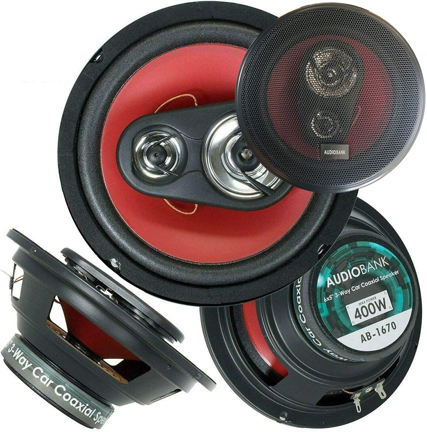 Pair Of Audiobank 6.5'' 400 Watt 3 Way Red Car Audio Stereo Coaxial Speakers   Ab1670 (2 Speakers)