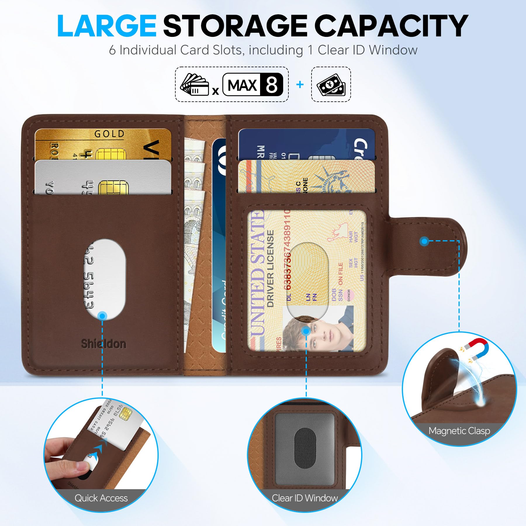 Shieldon For Magsafe Genuine Leather Magnetic Card Wallet Holder, Minimalist Rfid Blocking 6 Card, Id Window, Front Pocket Walle