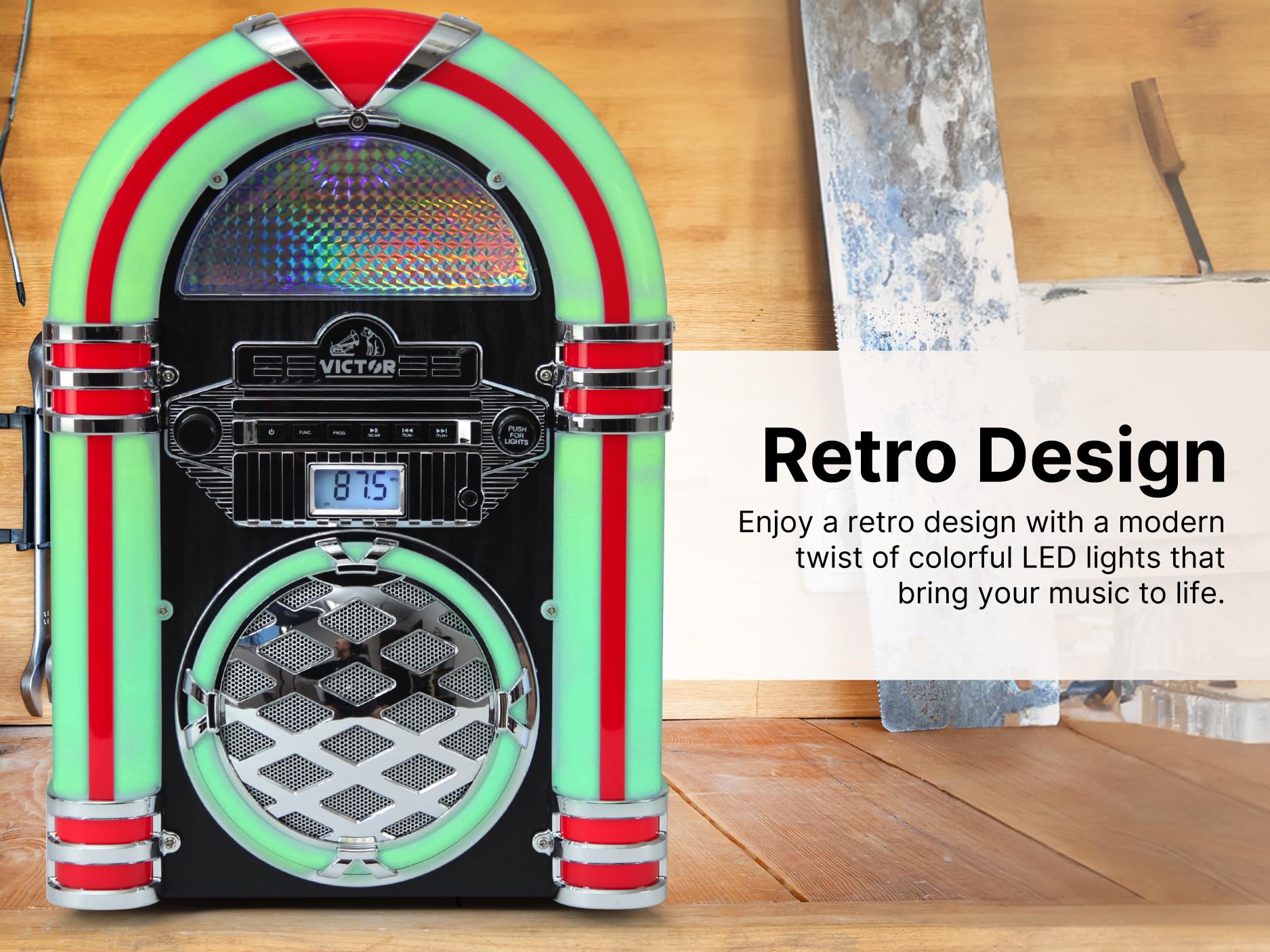 Victor Wilshire Desktop Bluetooth Jukebox With Fm Radio, Built-In Stereo Speaker And Multicolor Led Lighting, Mahogany (Vdtj-145