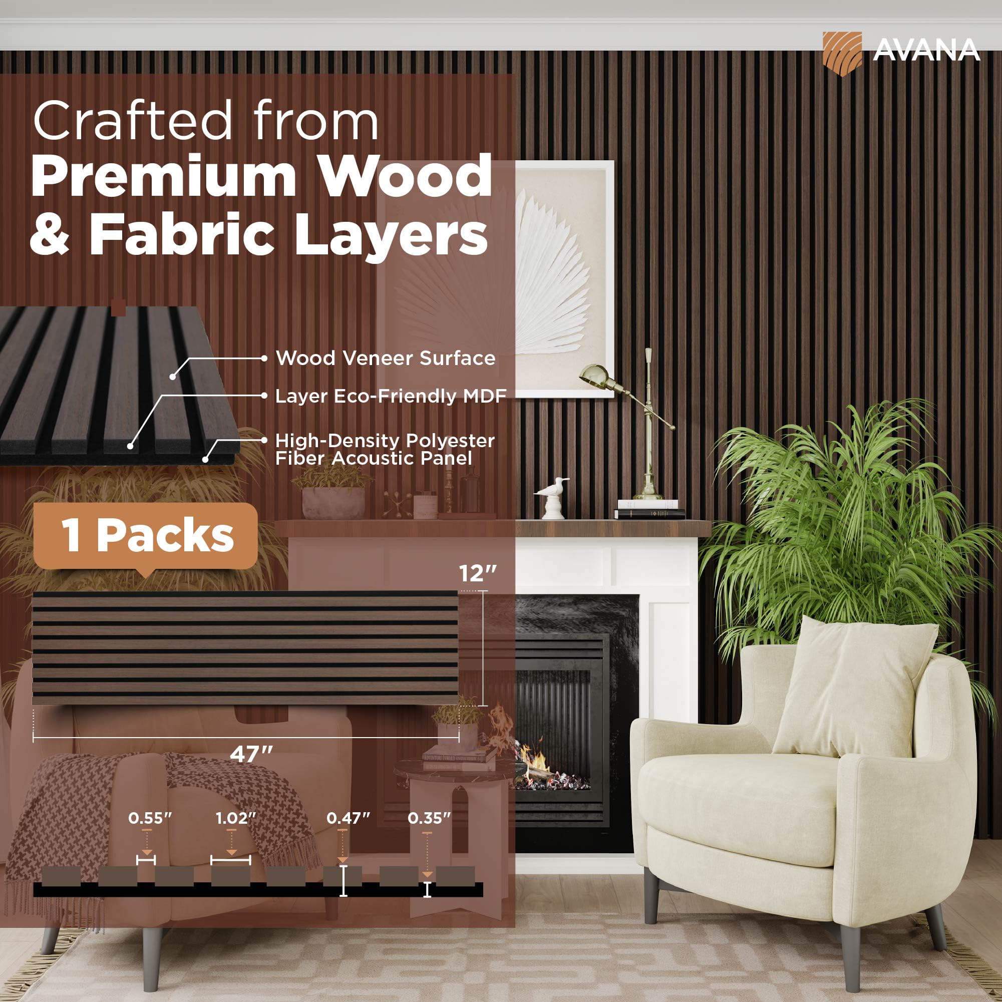 Avana Modern Acoustic Wood Wall Panels   47.2X12.6 Inch Dark Walnut Acoustic Panels 1 Pc   Wall Panels For Interior Wall Decor F