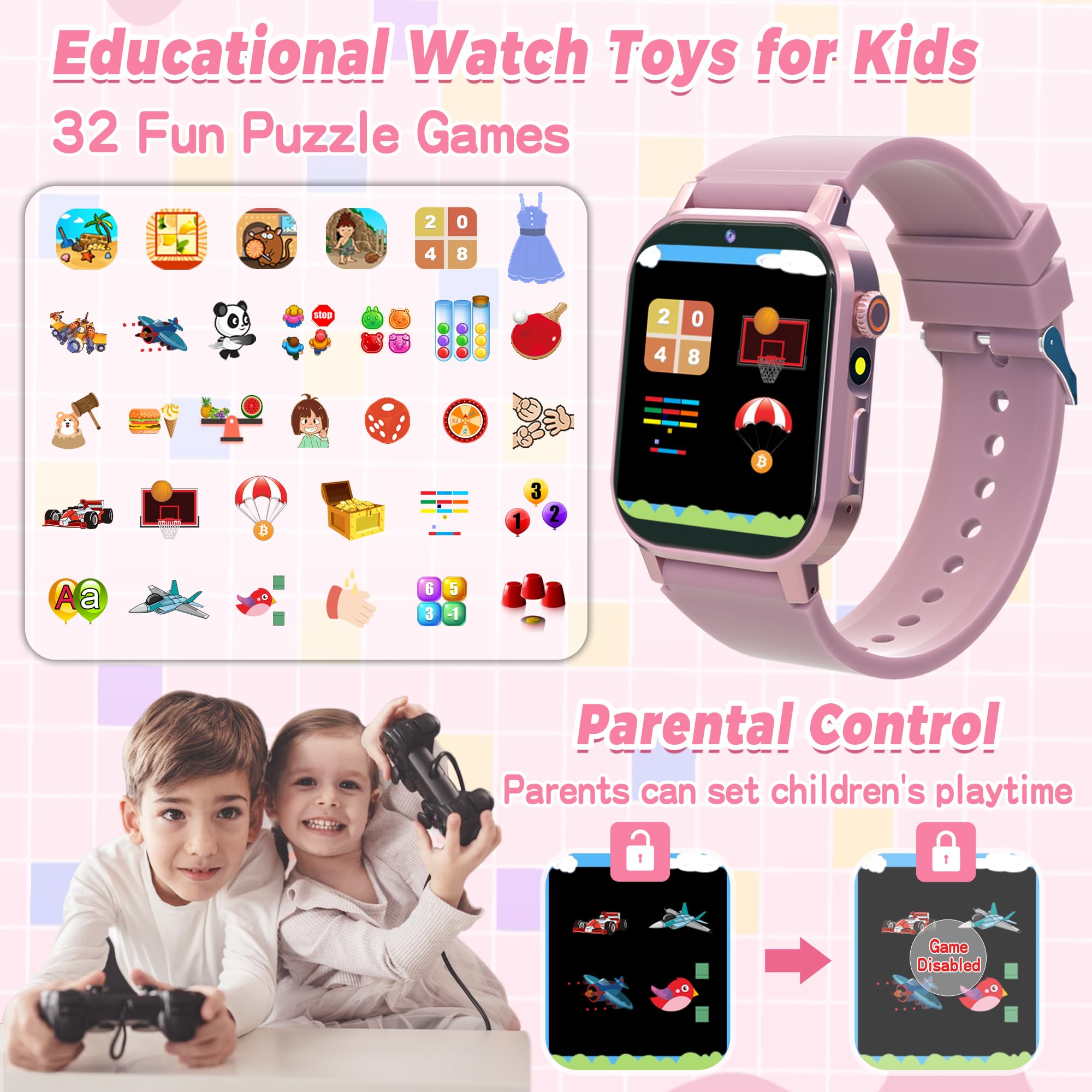 Kids Smart Watch Gifts For Girls Age 4-12, 32 Games Hd Touch Screen Kids Watch With Camera Video Music Sports Pedometer Flashlig