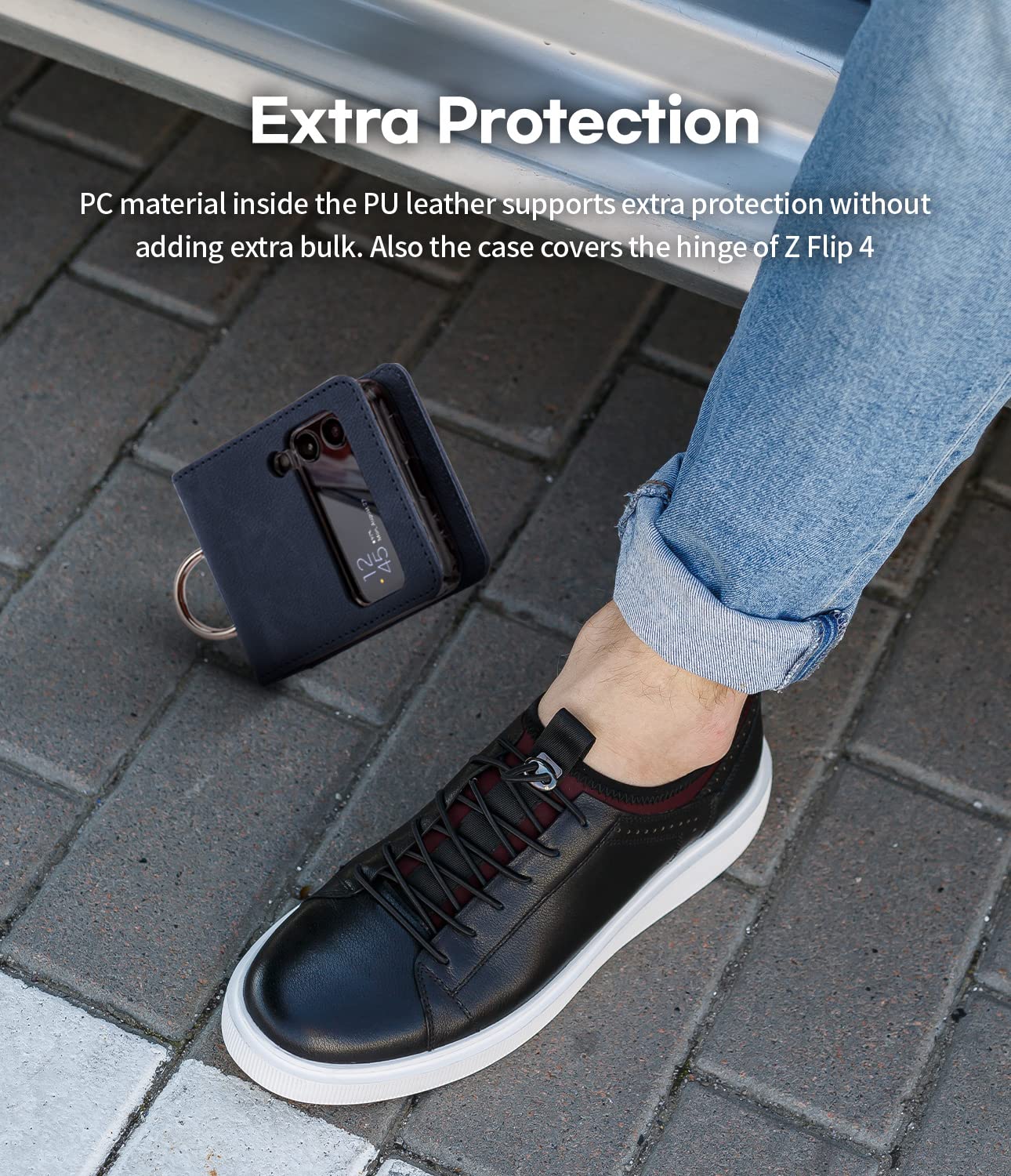 Goospery Card Wallet Ring Case Compatible With Galaxy Z Flip 4 Case, Card Holder Pocket Storage Premium Pu Leather Key Ring Wall