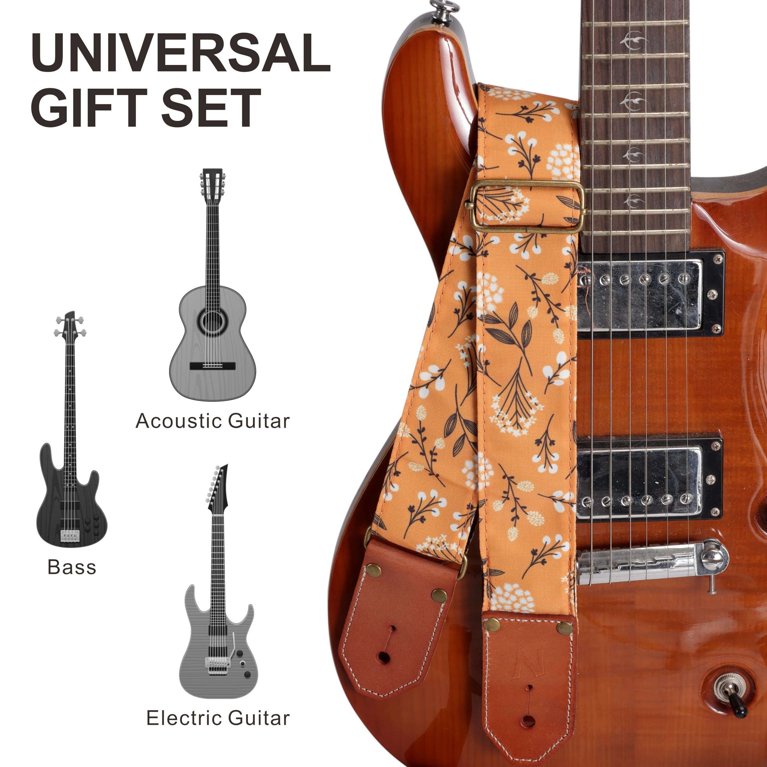 Nefelibata Guitar Strap Cotton With Thicked First Layer Vegetable Tanned Cowhide Leather Ends For Acoustic, Bass, Electric Guita