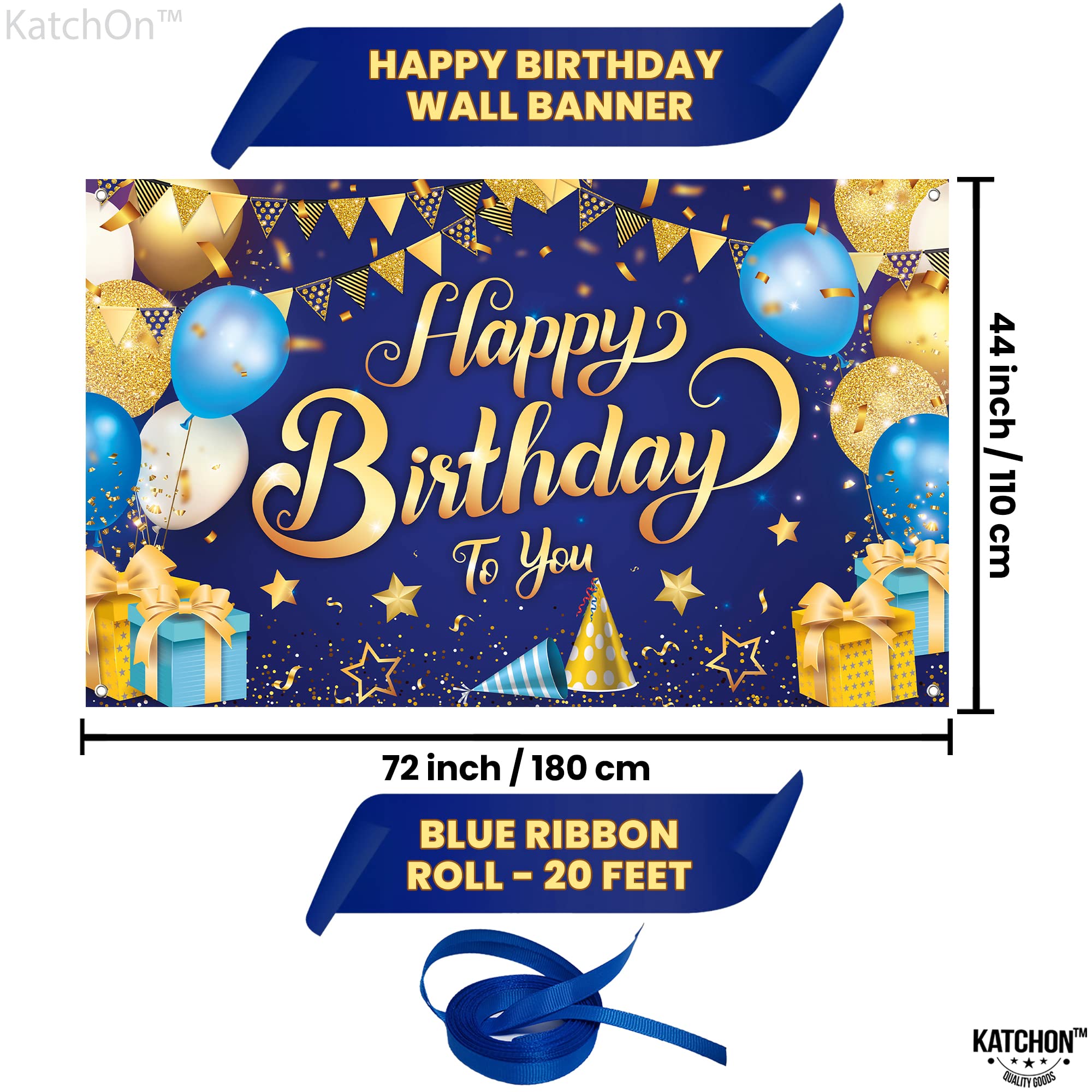 Katchon, Xtralarge Blue And Gold Happy Birthday Banner   72X44 Inch | Gold Happy Birthday Backdrop | Happy Birthday Backdrop Blu