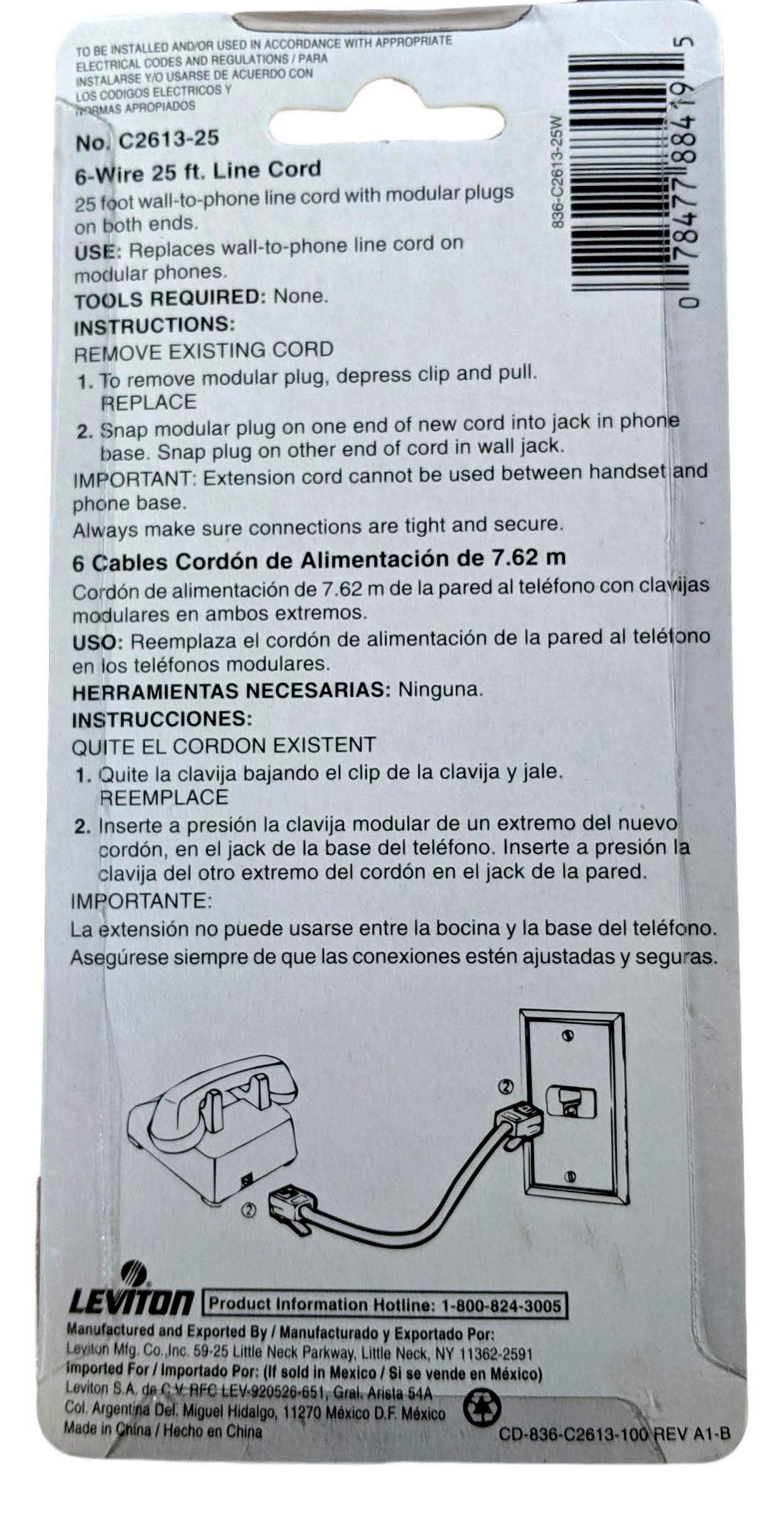 Leviton White 25 Ft Phone Cord Telephone Line 6 Wire Modular C2613 25W