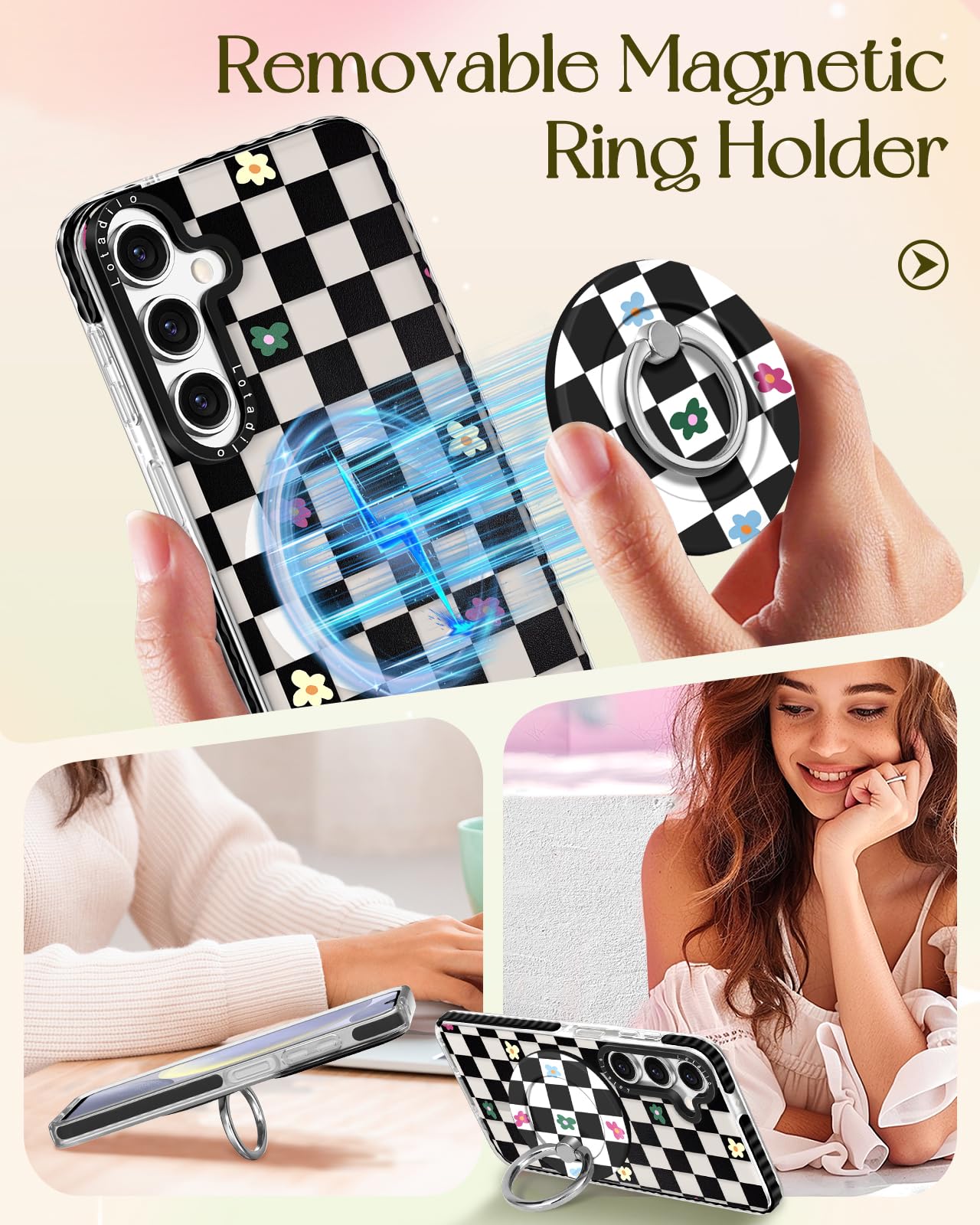 Lotadilo Cute Case For Samsung Galaxy A16 For Women Girls - Funny Plaid Flower Design Compatible With Magsafe Magnetic Ring Hold