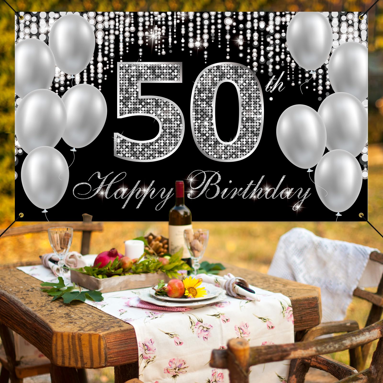 Htdzzi 50Th Birthday Banner Backdrop, Happy 50Th Birthday Decorations For Women Men, Black Silver 50 Year Old Birthday Party Yar