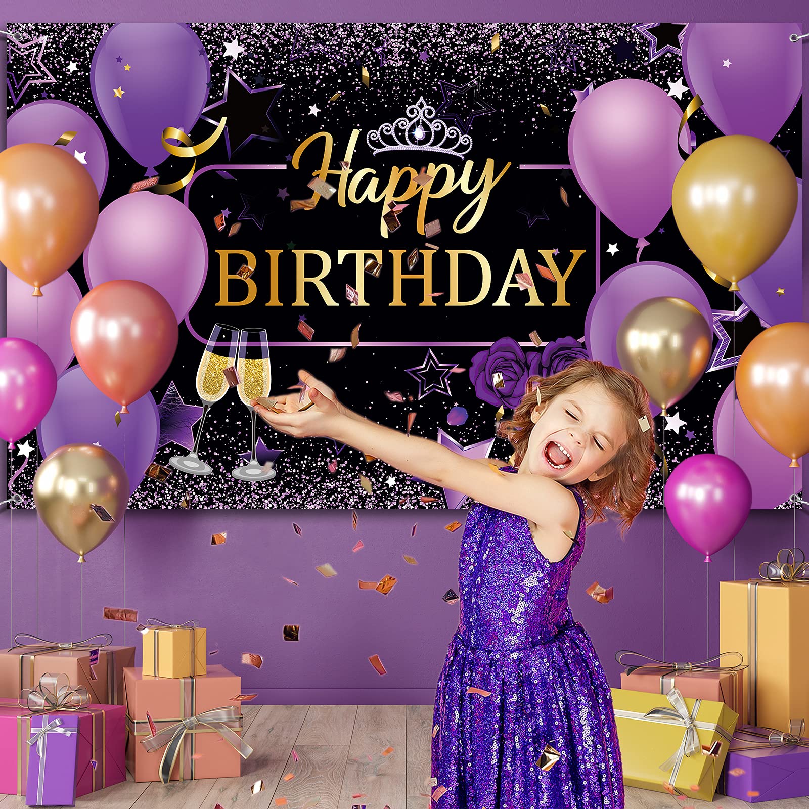 Frienda Purple Birthday Banner Purple Happy Birthday Decorations For Women Backdrop Banner Sign 72.8 X 43.3 Inch Photo Photograp