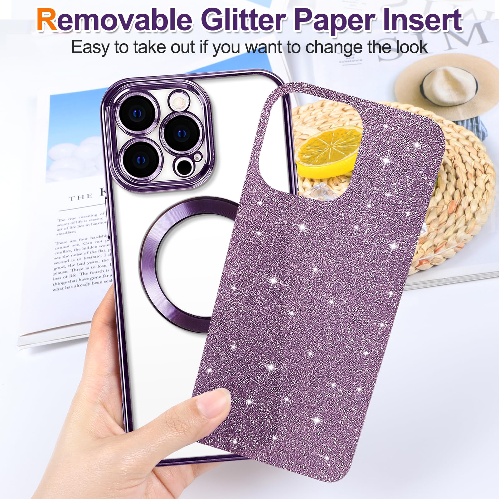 Hython For Iphone 15 Pro Max Case Glitter, Clear Magnetic Phone Cases With Camera Lens Protector [Compatible With Magsafe] Bling