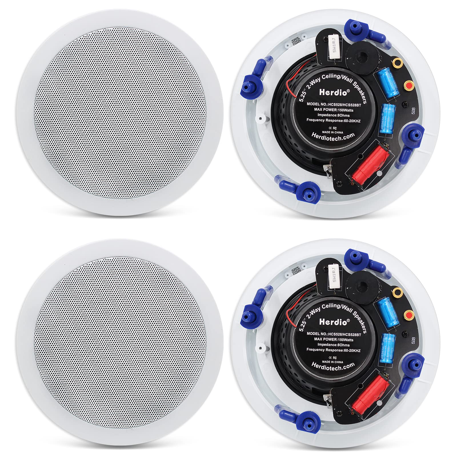 Herdio 5.25    Flush Mount Bluetooth Ceiling Speaker System Max Power 600 Watts Perfect For Humid Indoor Outdoor, Kitchen,Bedroo