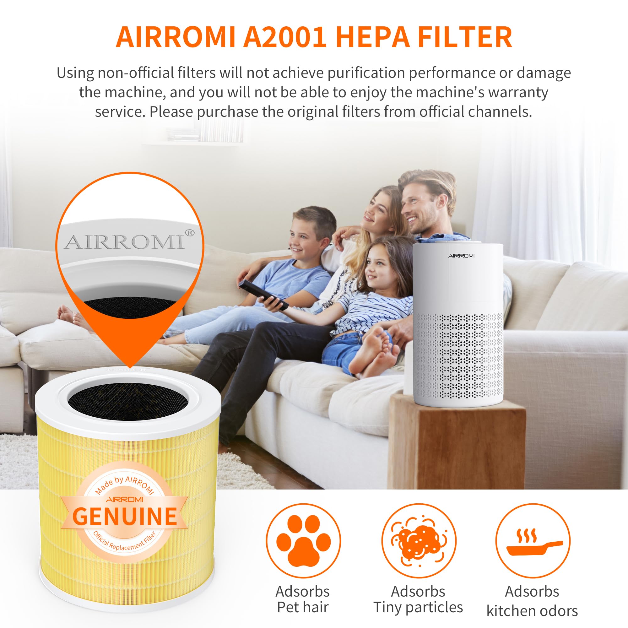 Airromi A2001 Hepa Air Purifier Replacement Filter: Original 3 In 1 Filter, Removes 99.97% Of 0.3 Micron Particles, Yellow Activ