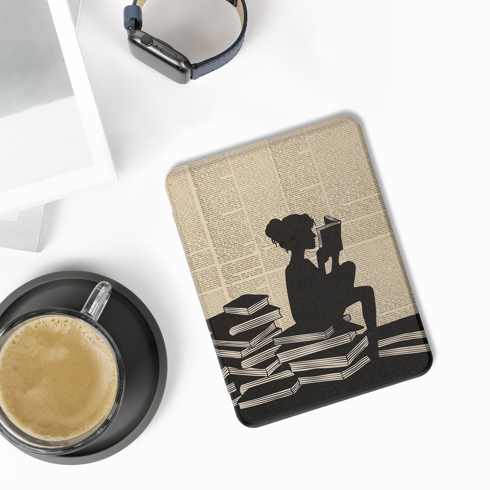 Kwmobile Case Compatible With Barnes & Noble Nook Glowlight 4 Plus Case   Ereader Cover   Girl And Books Black/Beige