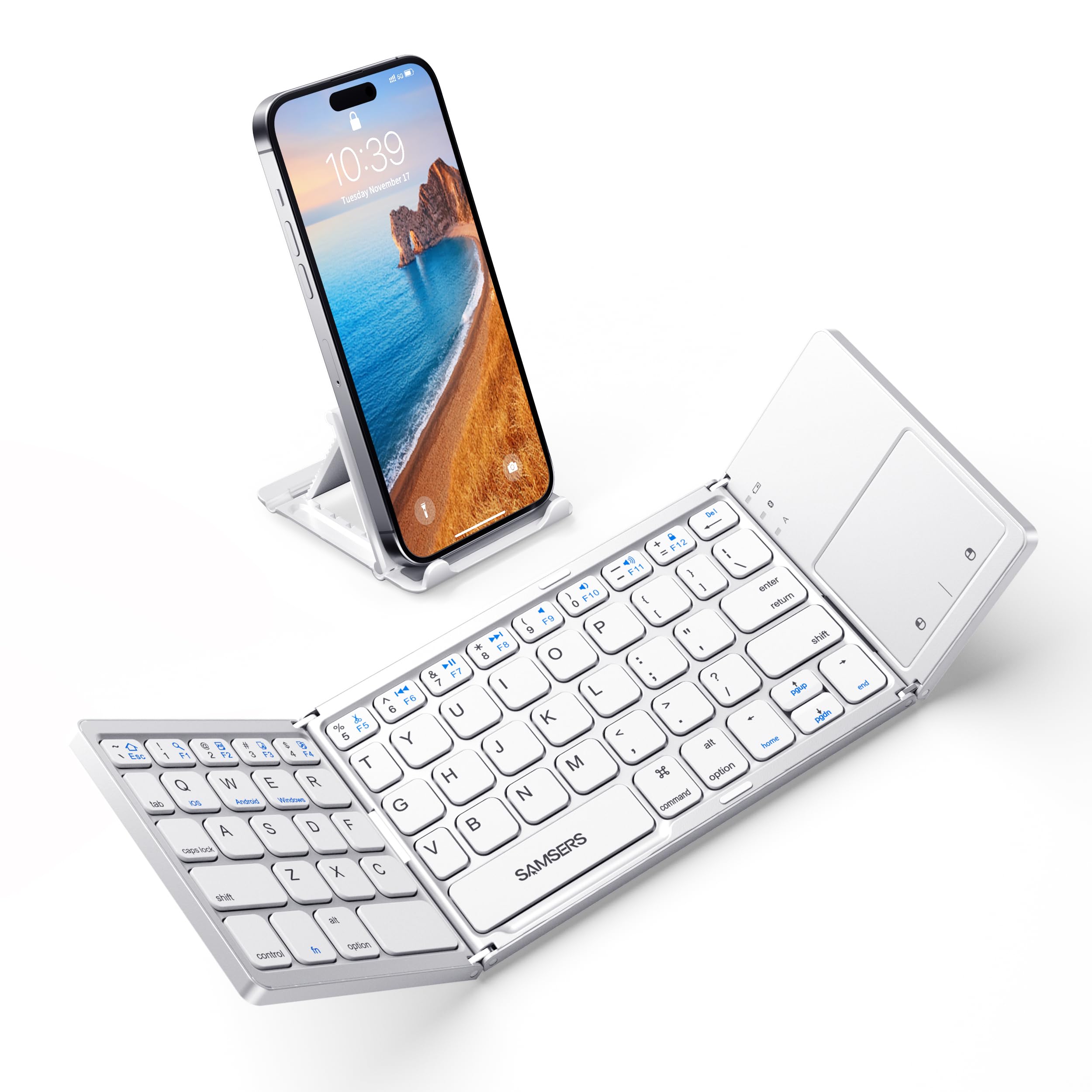 Samsers Foldable Bluetooth Keyboard with Touchpad, Slim Compact, Silver