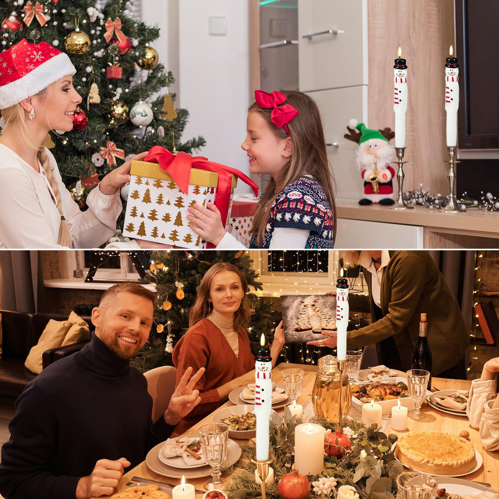 Kunswenn Christmas Taper Candles, Led Flameless Taper Candles With Timer, 2 Pcs Christmas Snowman Flameless Candlesticks With 3D