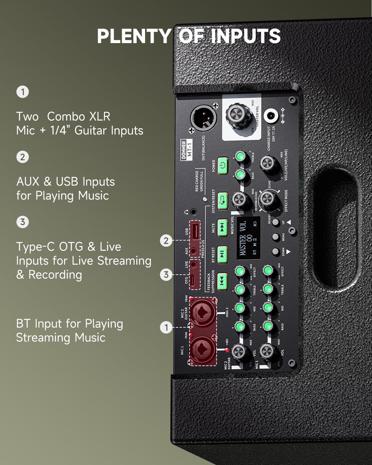 Donner Mt-1 Portable Pa System, 300W Wireless Bt Speaker Sound Amplifier, 4-6H Outdoor Use, With Two 2.5  Trebles, 8  Woofer, Su