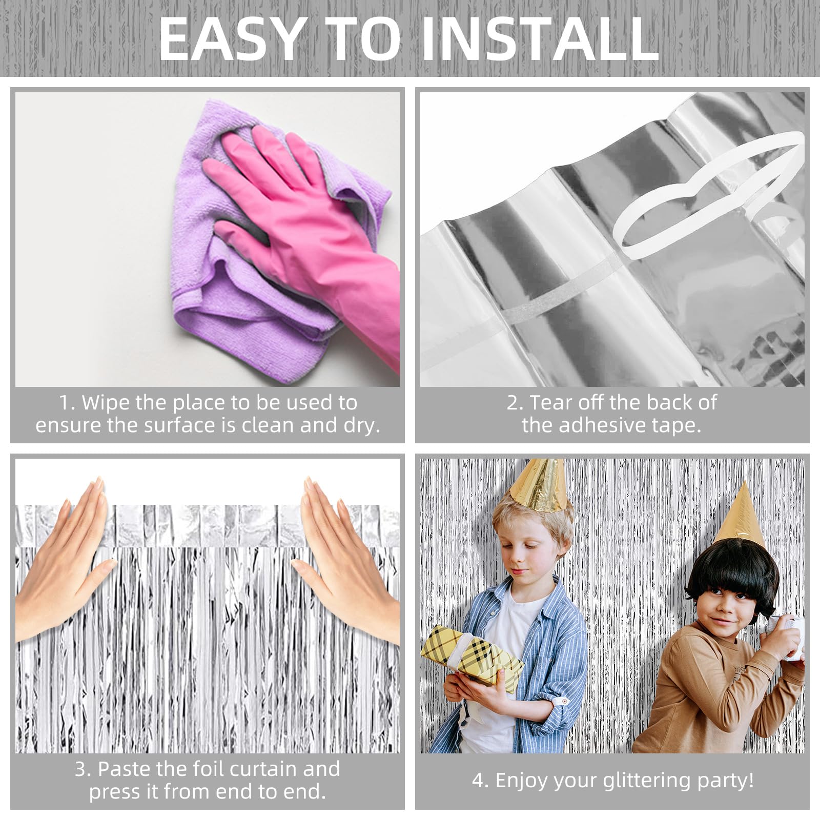 6 Pack Foil Fringe Backdrop Curtains, 3.28 X 8.2 Ft Silver Tinsel Streamers Metallic Tinsel Foil Fringe Curtains Photo Booth Bac