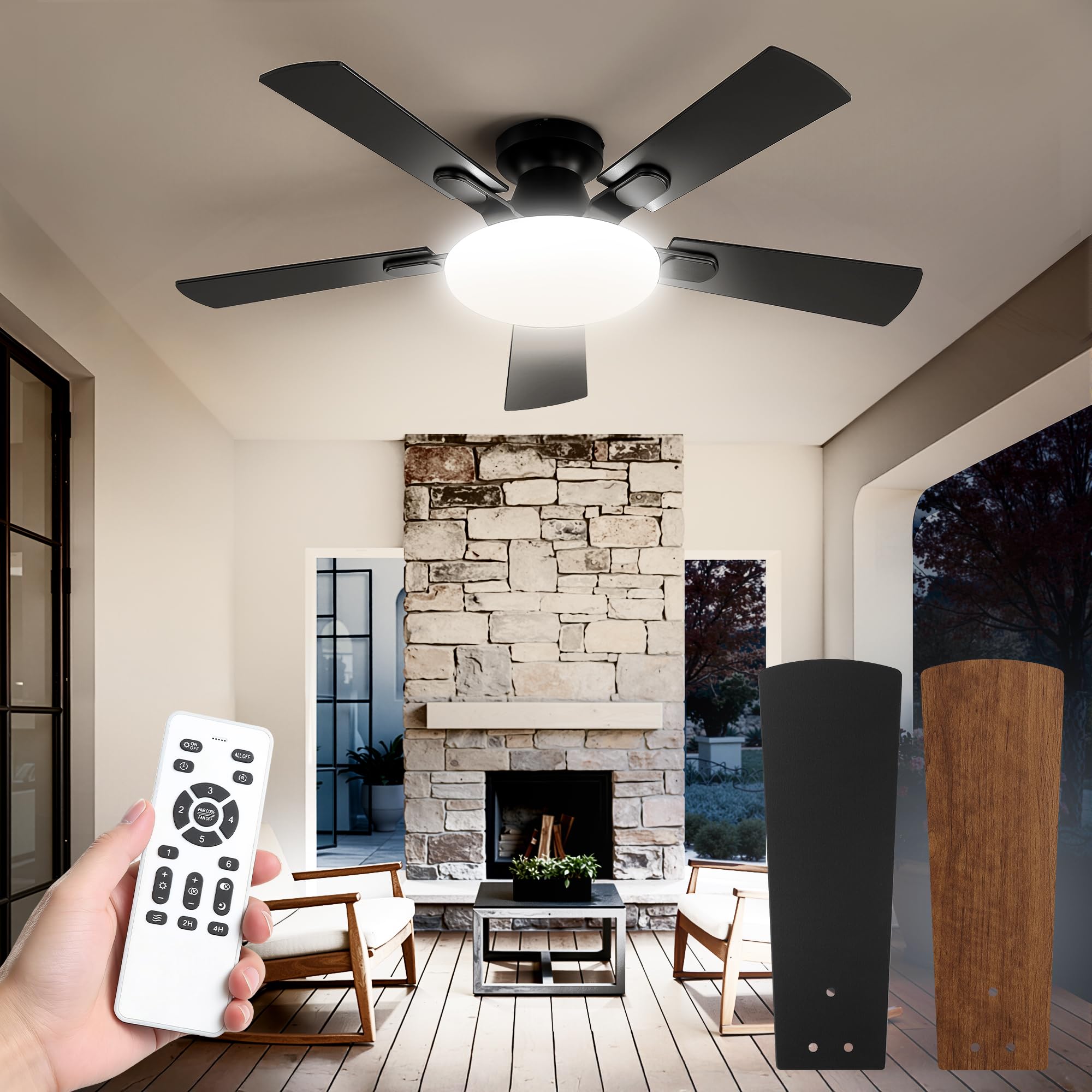 42 Inch Ceiling Fan with Lights and Remote, 30W 12 LED Panel Flush Mount Ceiling Fan, 6-Speed Quiet DC Motor Modern Low Profile 