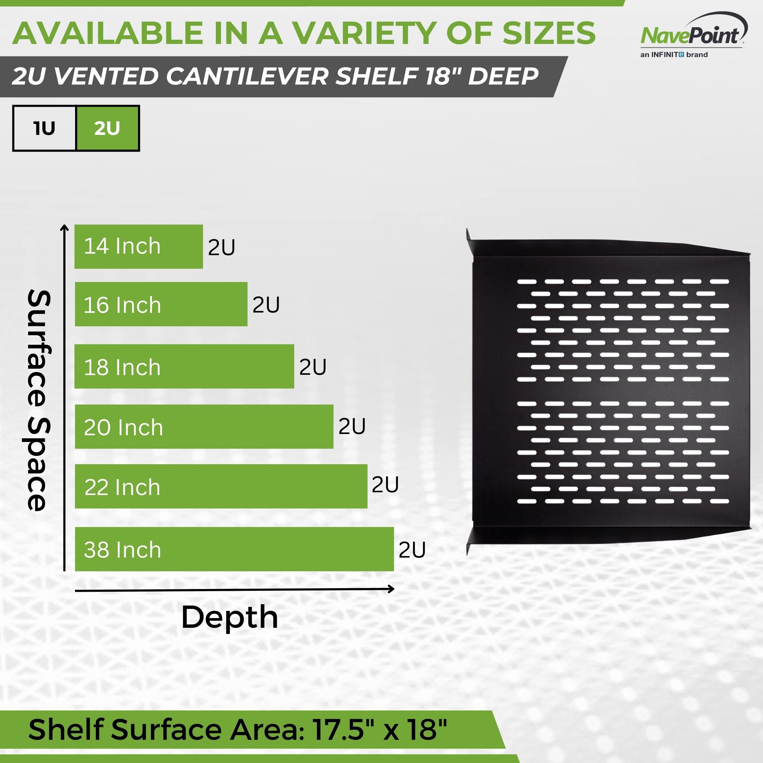 Navepoint 2U 19 Inch Universal Vented Rack Mount Cantilever Fixed Server Cabinet Shelf 18 Inches Deep Black